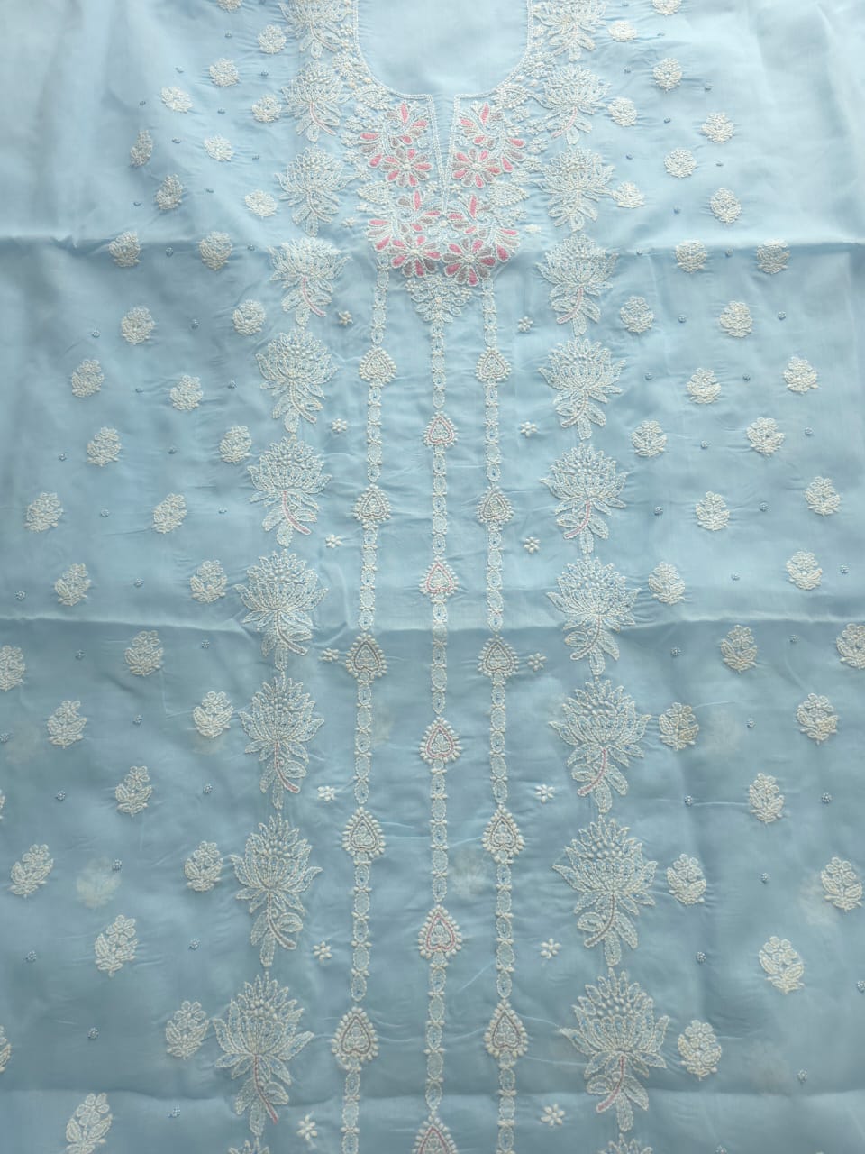 Powder Blue cotton full suit with handwork and embellishments