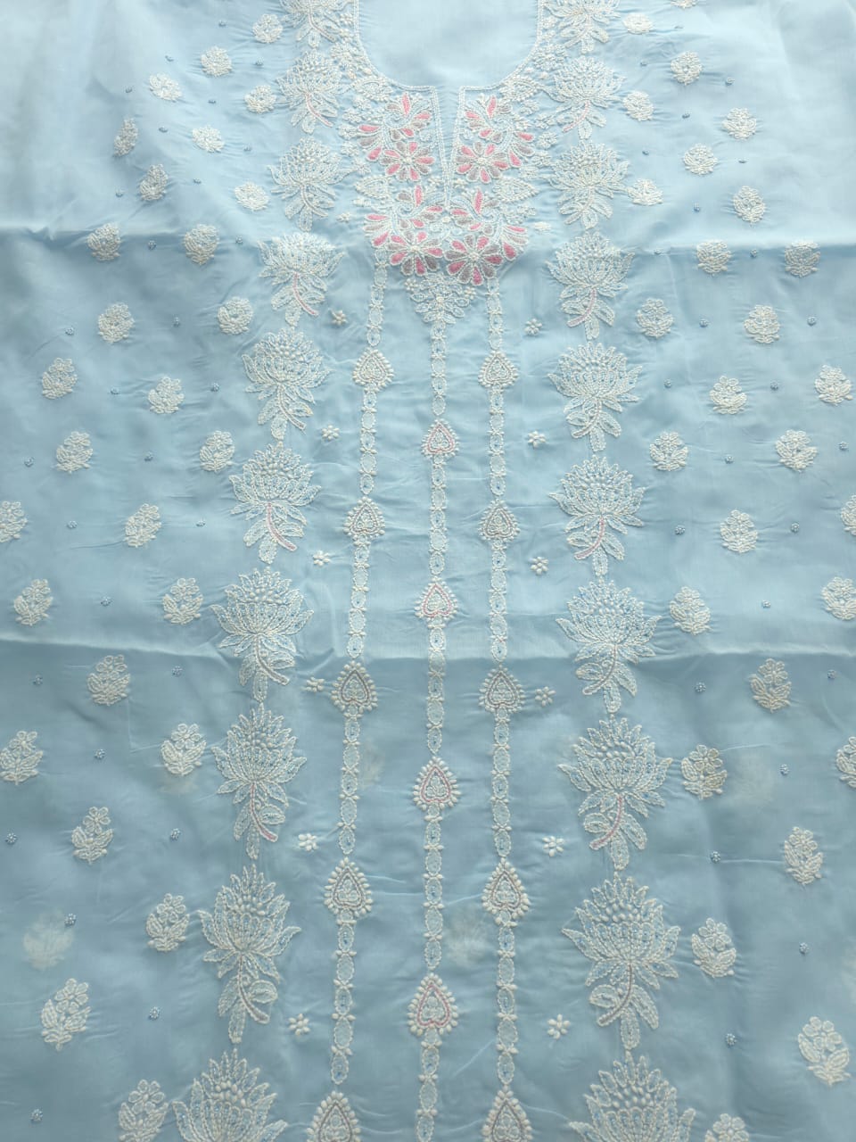 Powder Blue cotton full suit with handwork and embellishments