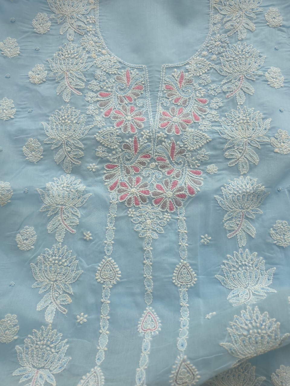 Powder Blue cotton full suit with handwork and embellishments