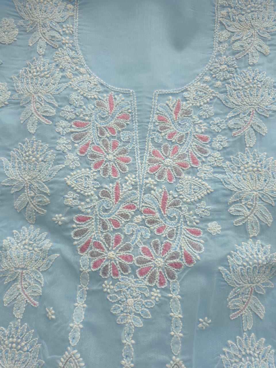 Powder Blue cotton full suit with handwork and embellishments