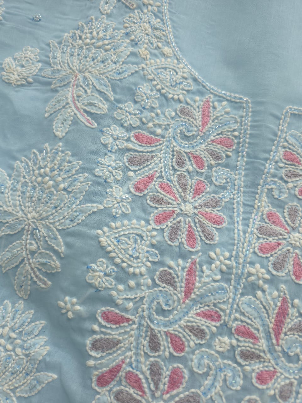 Powder Blue cotton full suit with handwork and embellishments
