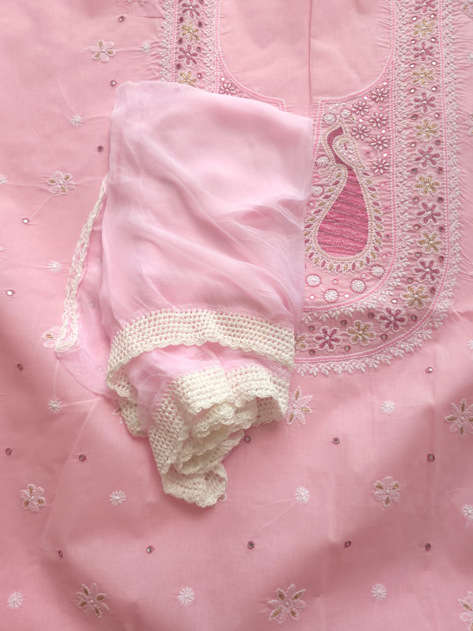 Pink Cotton Full suit with chikankari embellishments