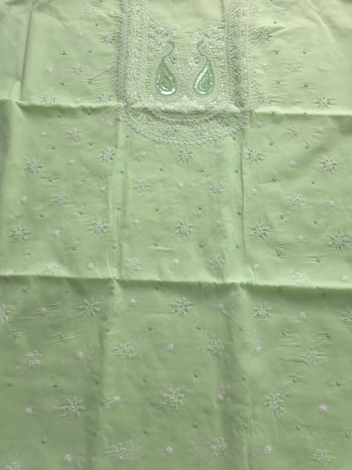 Sage Green designer Cotton Full set with chikankari and add on
