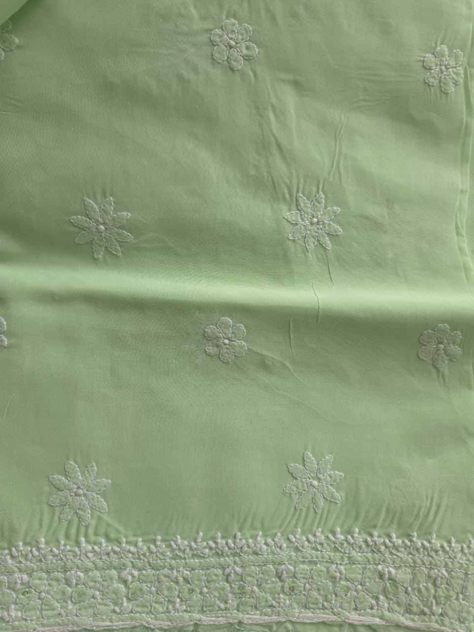 Sage Green designer Cotton Full set with chikankari and add on