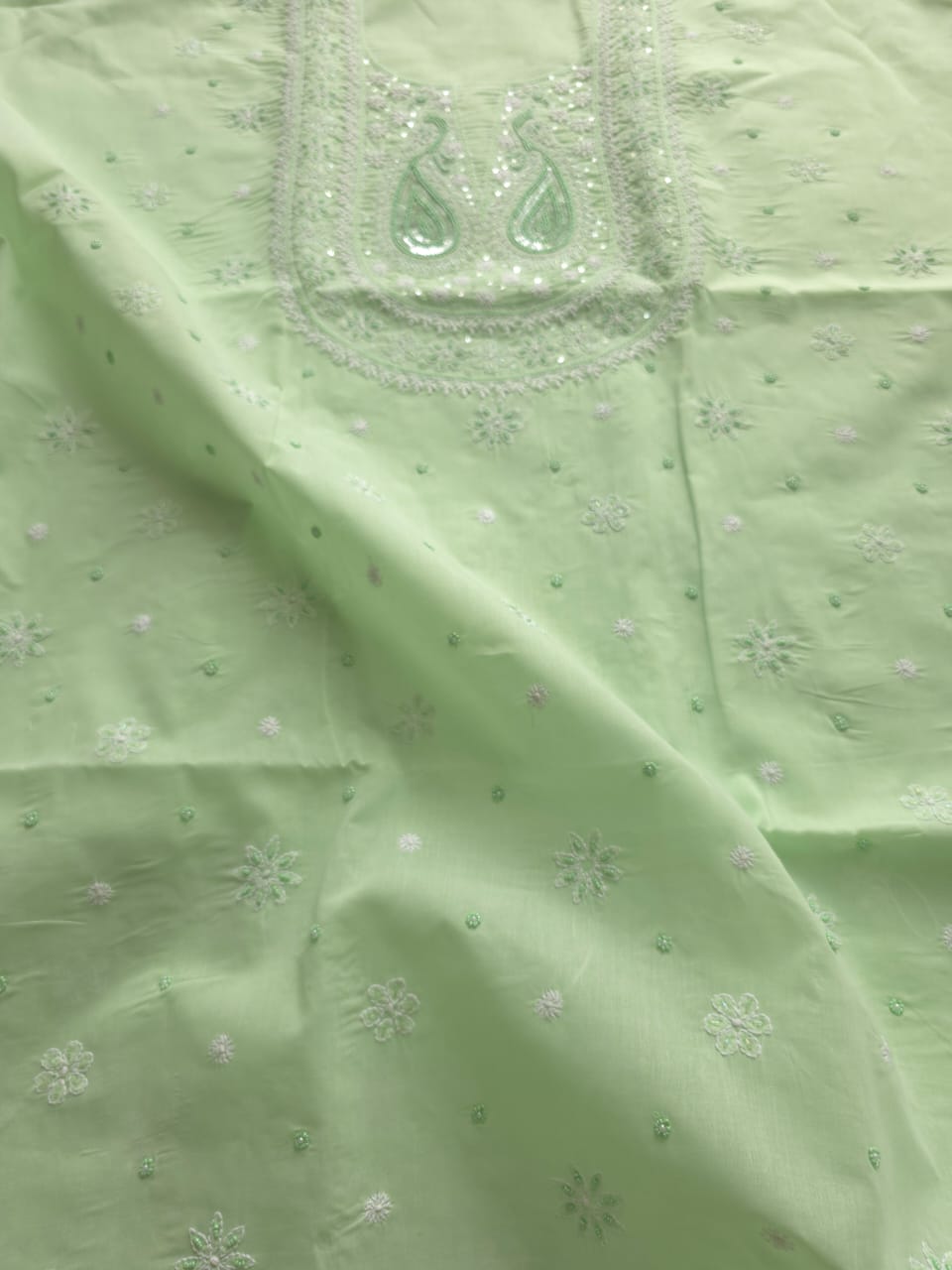 Sage Green designer Cotton Full set with chikankari and add on