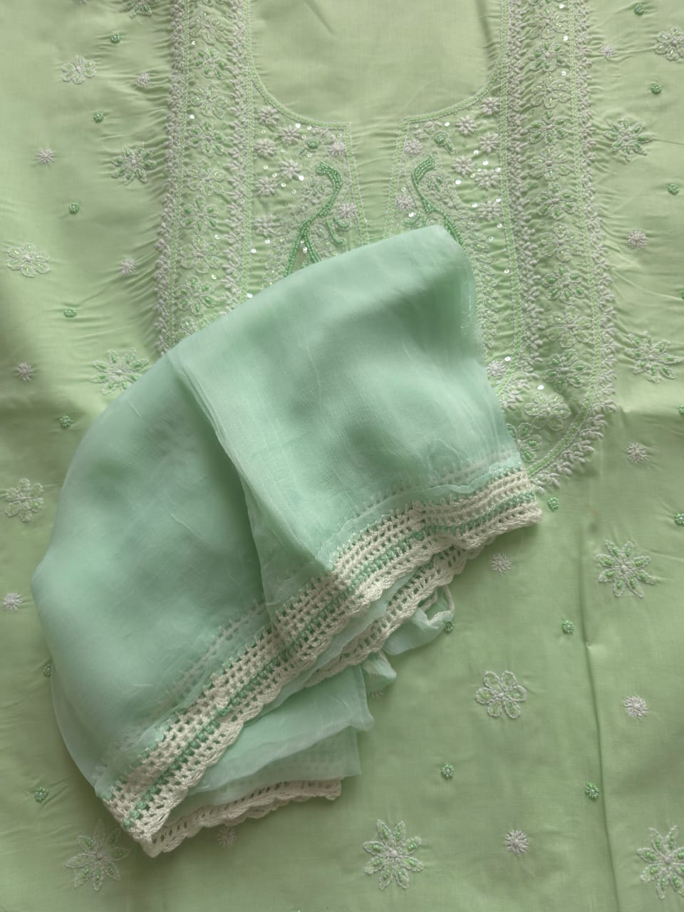 Sage Green designer Cotton Full set with chikankari and add on