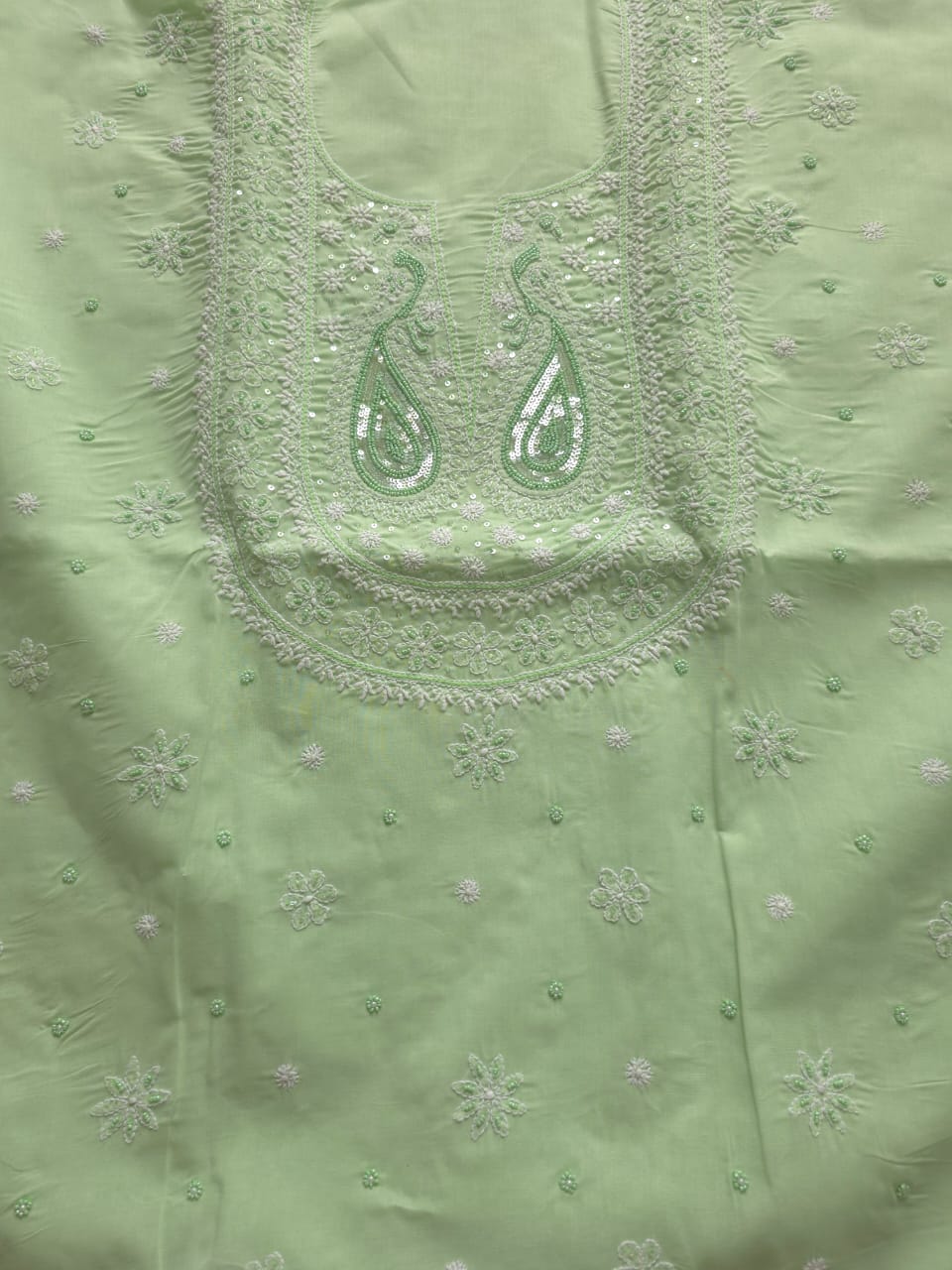 Sage Green designer Cotton Full set with chikankari and add on