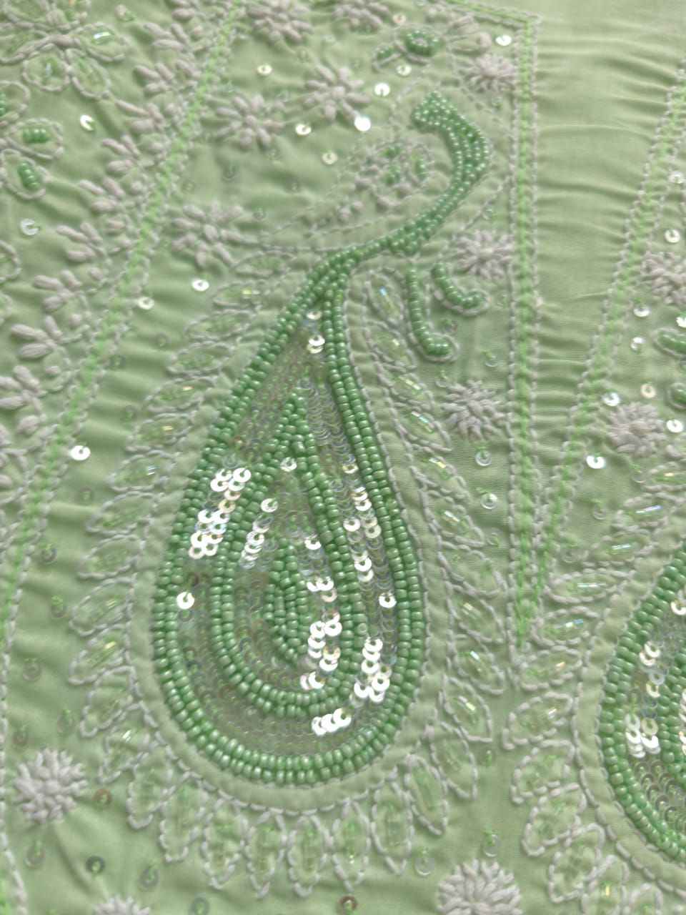 Sage Green designer Cotton Full set with chikankari and add on