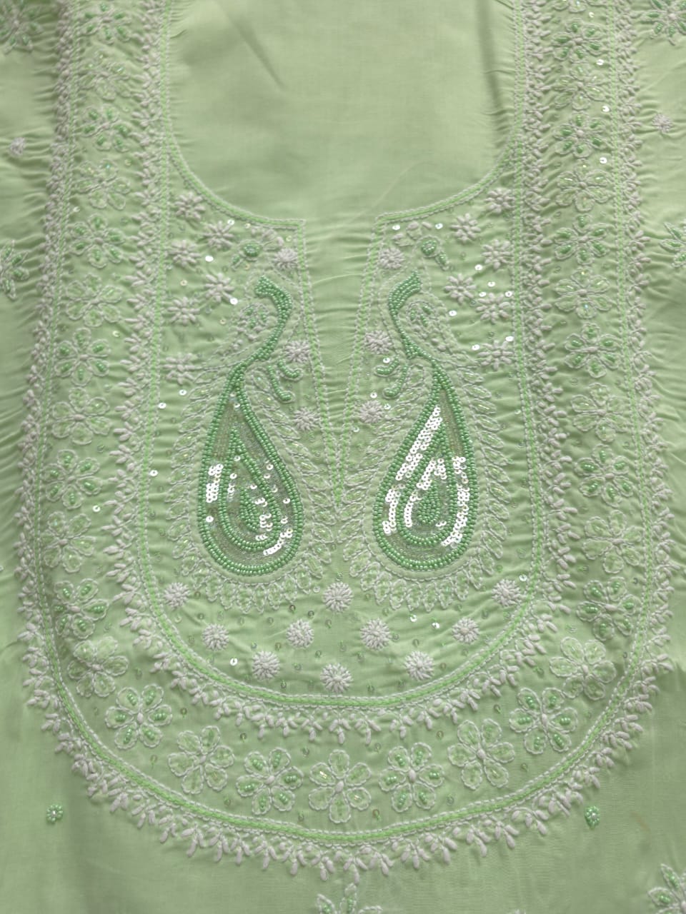 Sage Green designer Cotton Full set with chikankari and add on