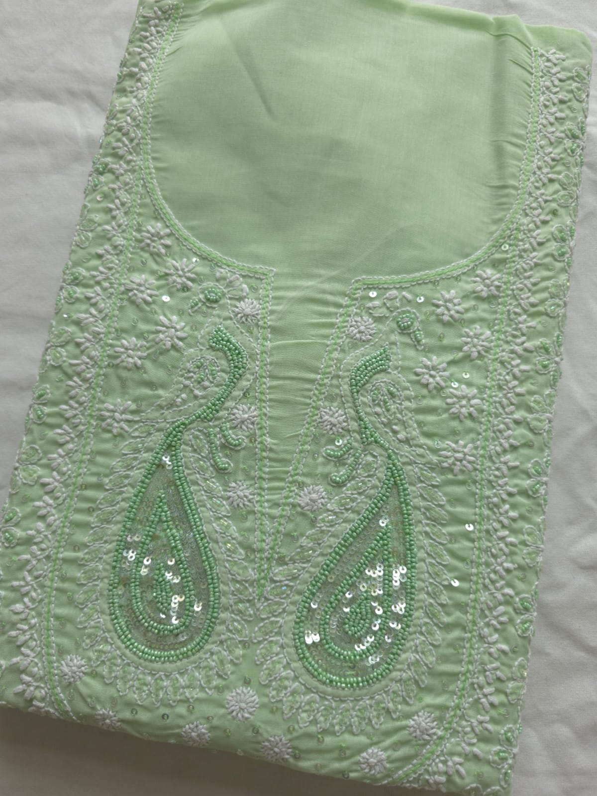 Sage Green designer Cotton Full set with chikankari and add on