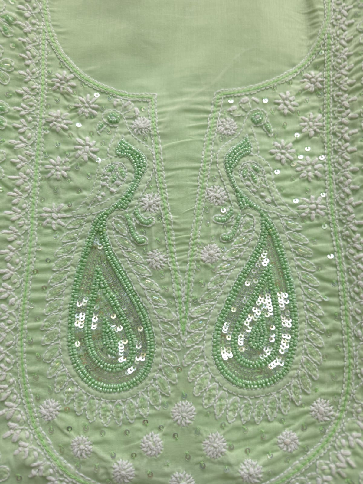 Sage Green designer Cotton Full set with chikankari and add on