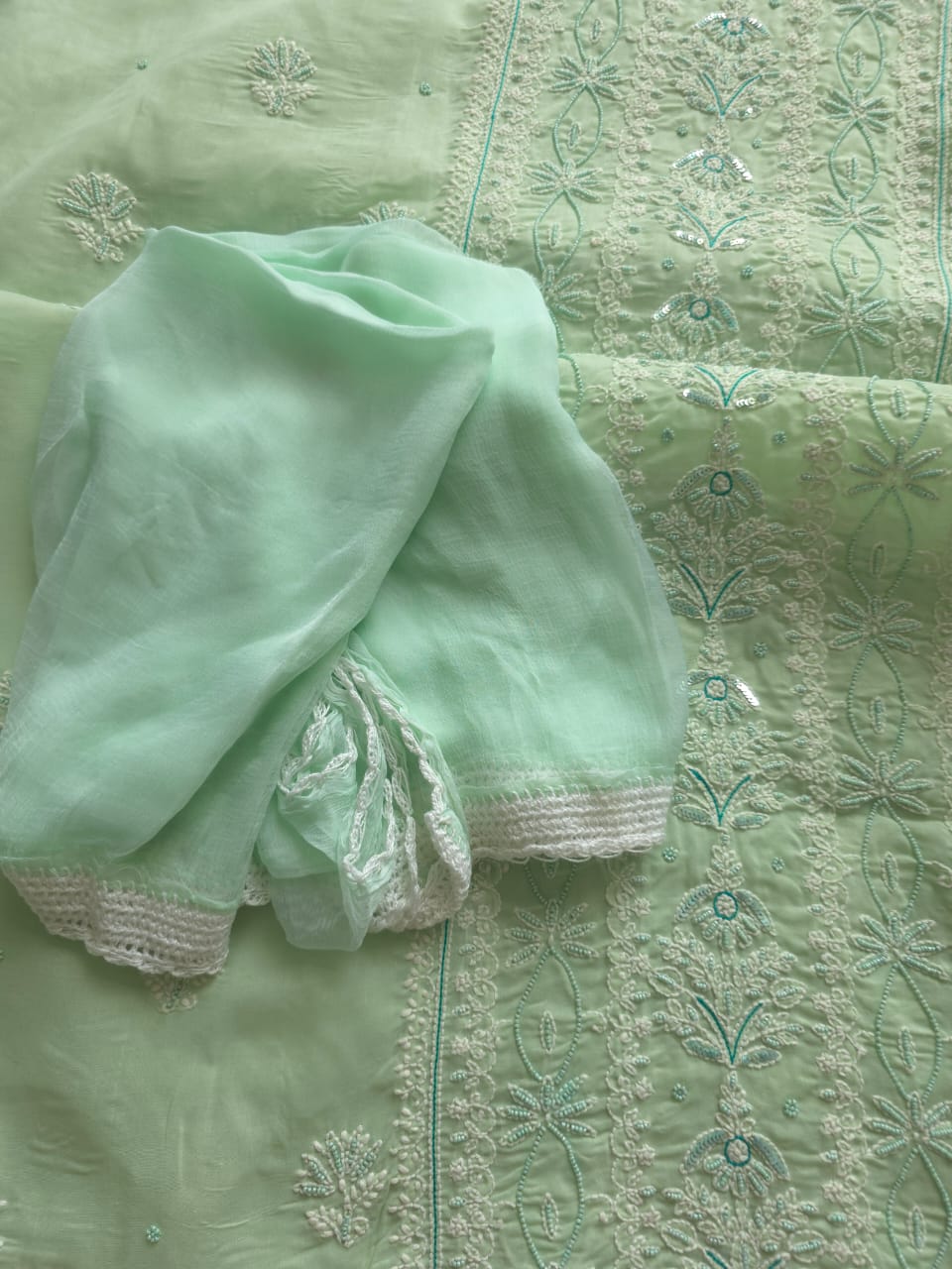 Sage Green Cotton Full set with Chikanakari with embellishments