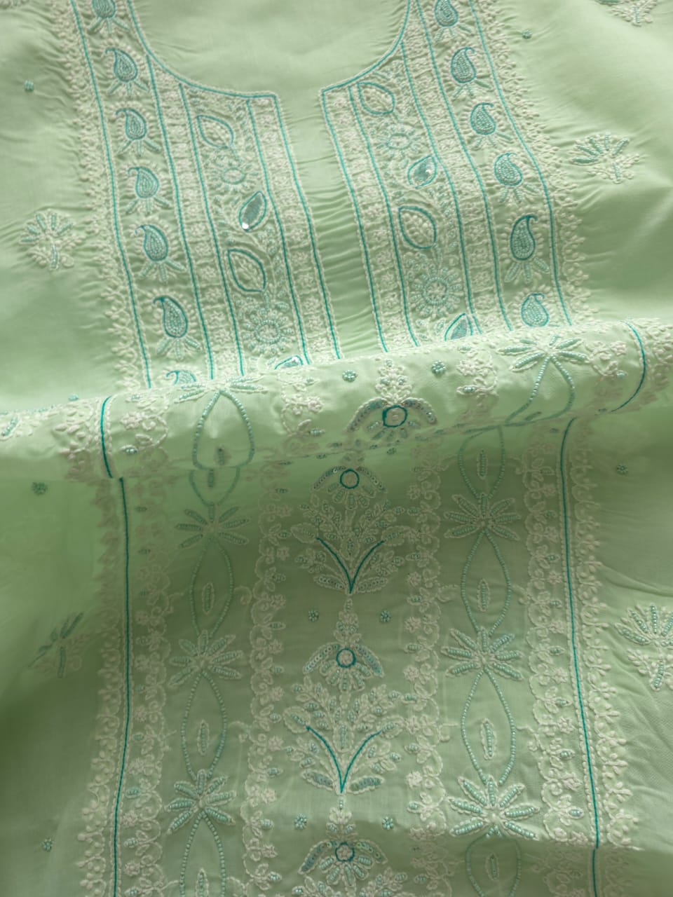 Sage Green Cotton Full set with Chikanakari with embellishments