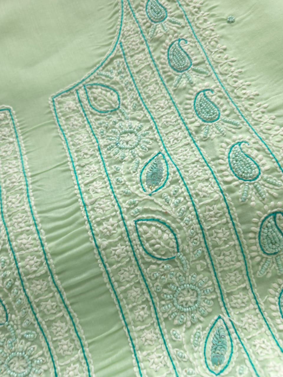 Sage Green Cotton Full set with Chikanakari with embellishments