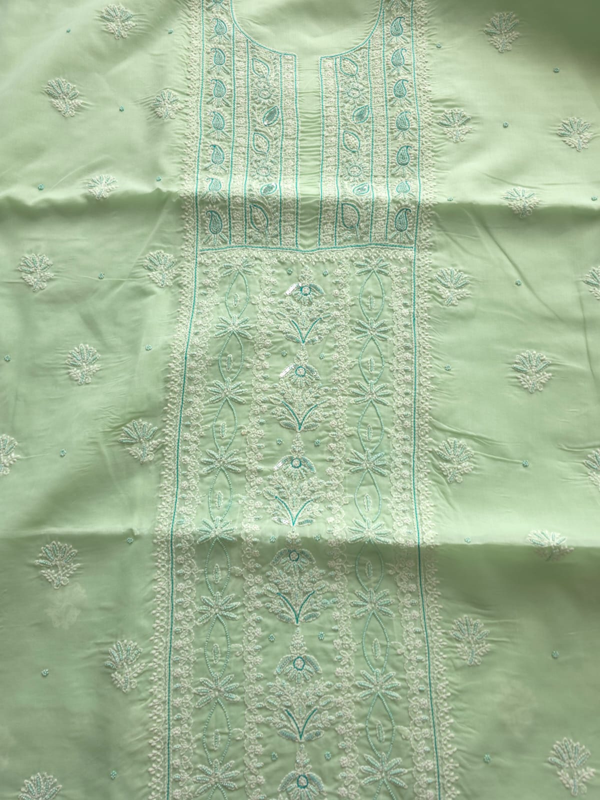 Sage Green Cotton Full set with Chikanakari with embellishments