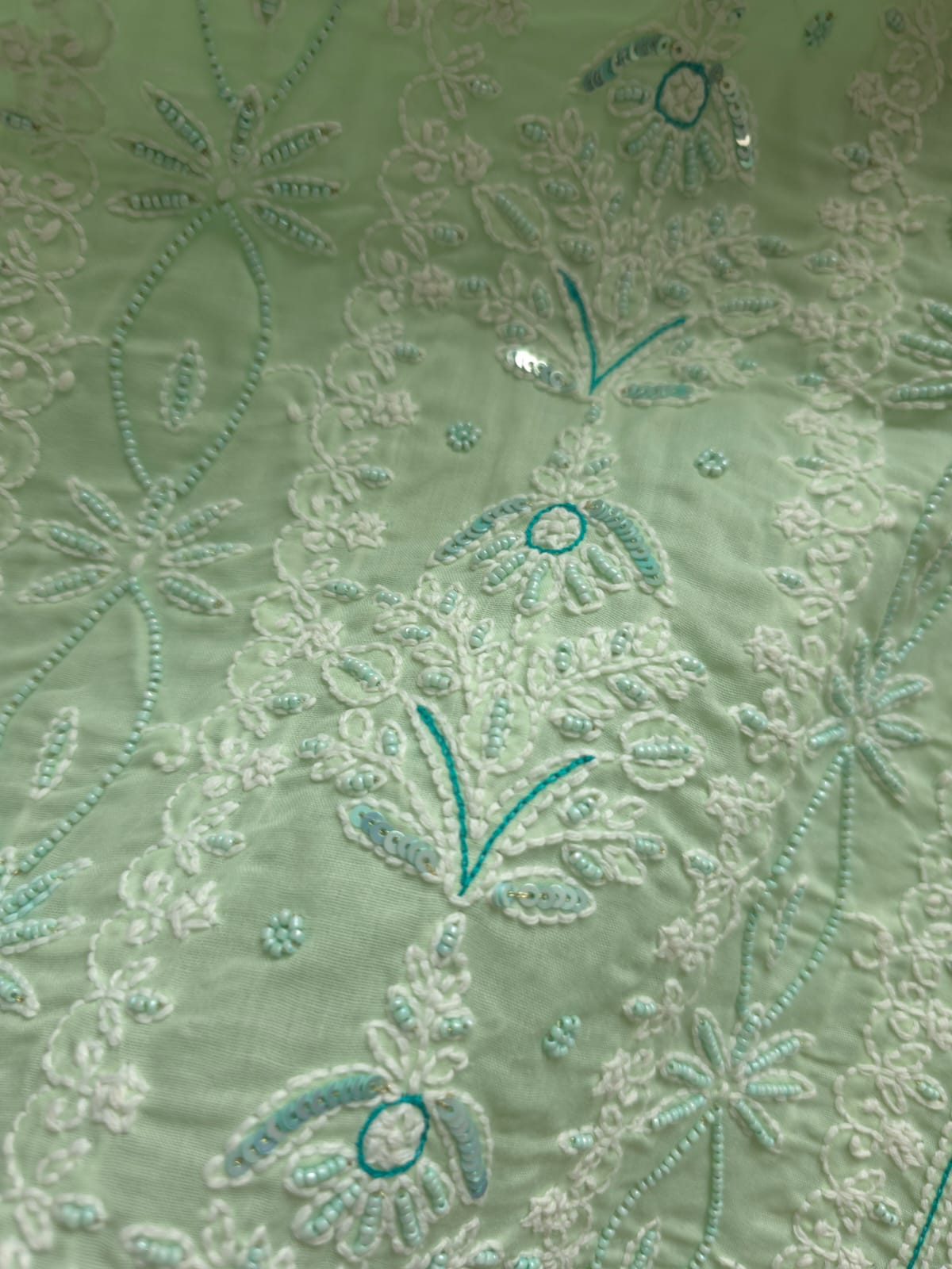 Sage Green Cotton Full set with Chikanakari with embellishments