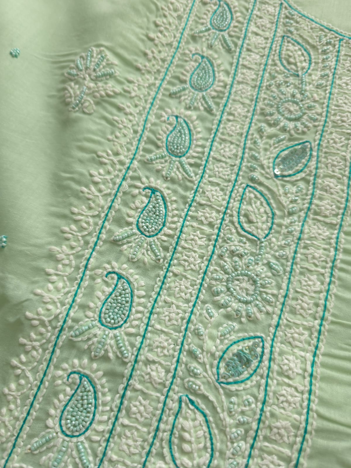 Sage Green Cotton Full set with Chikanakari with embellishments