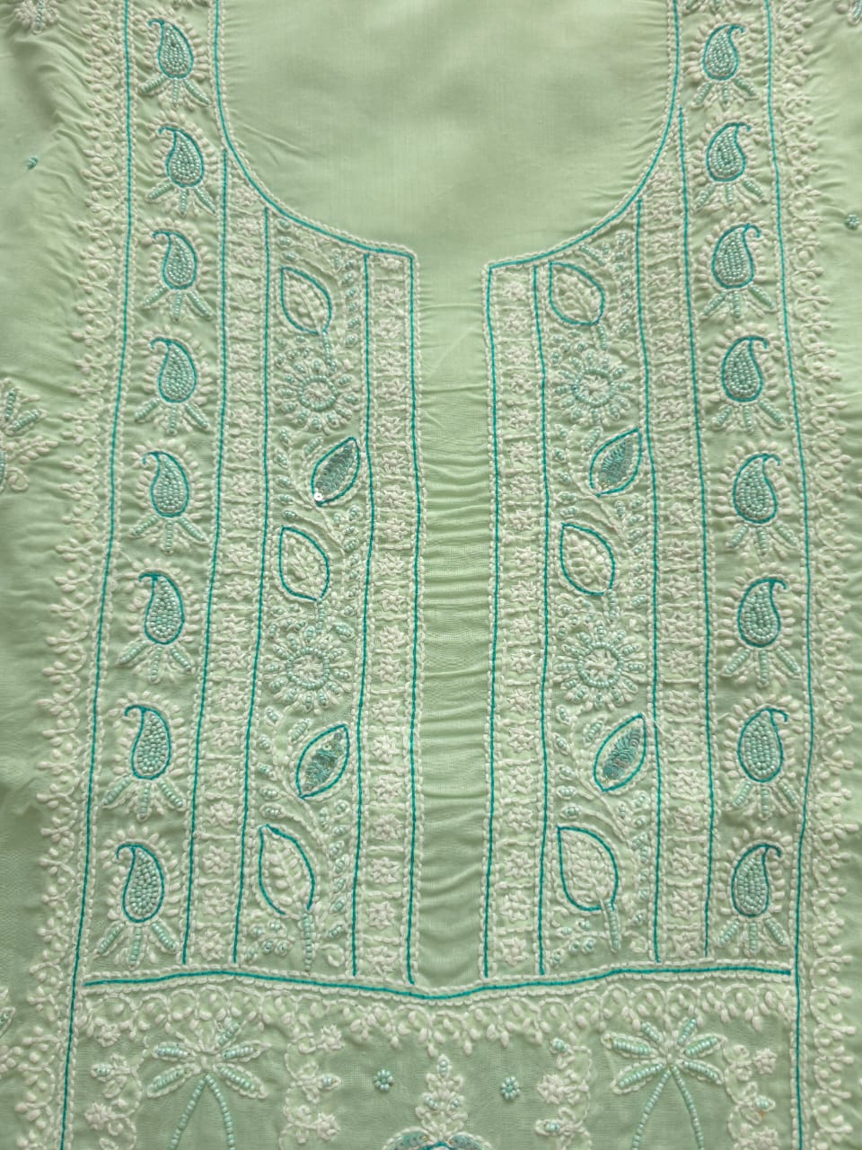 Sage Green Cotton Full set with Chikanakari with embellishments