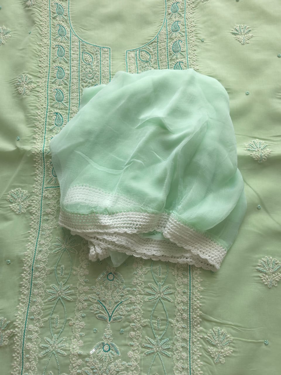Sage Green Cotton Full set with Chikanakari with embellishments