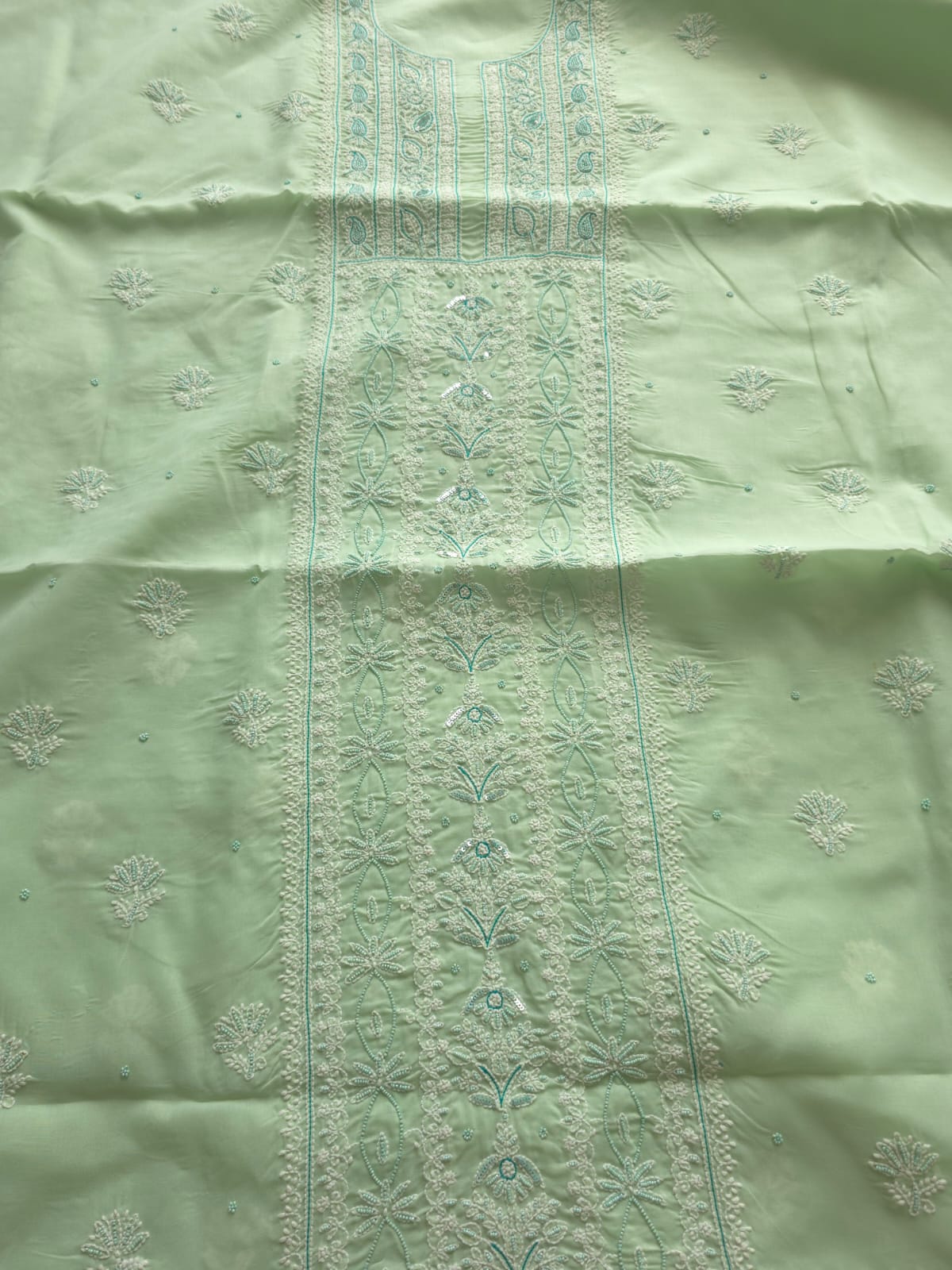 Sage Green Cotton Full set with Chikanakari with embellishments