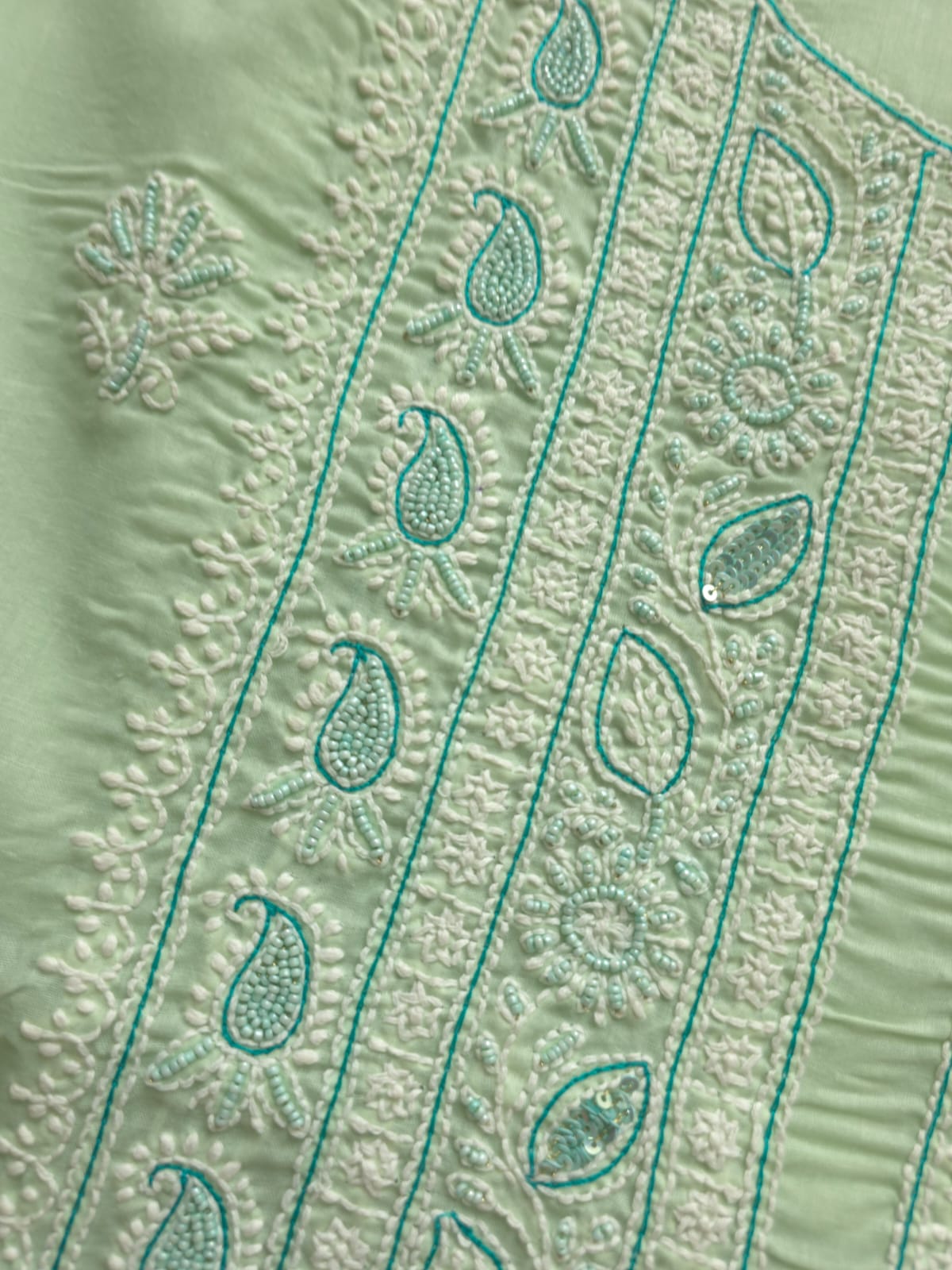 Sage Green Cotton Full set with Chikanakari with embellishments