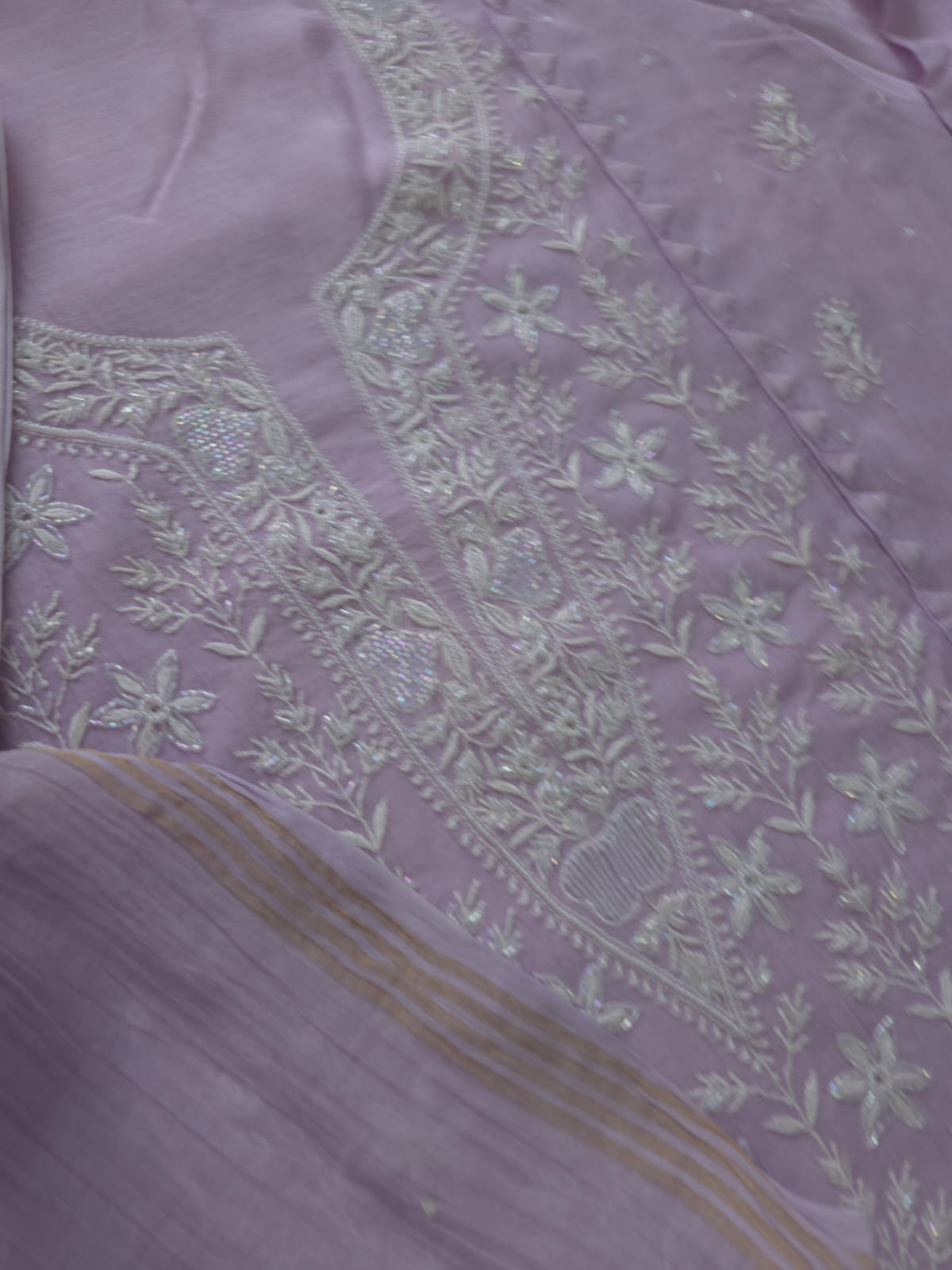 Lavender Mul chnaderi semi stitched Kurta dupatta with Embellishments