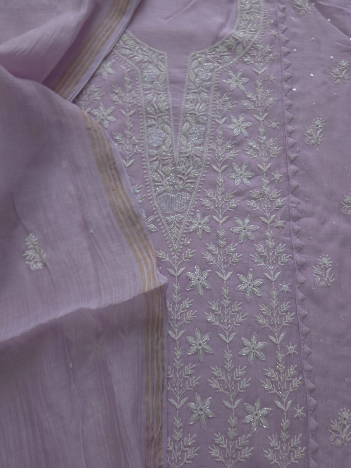 Lavender Mul chnaderi semi stitched Kurta dupatta with Embellishments