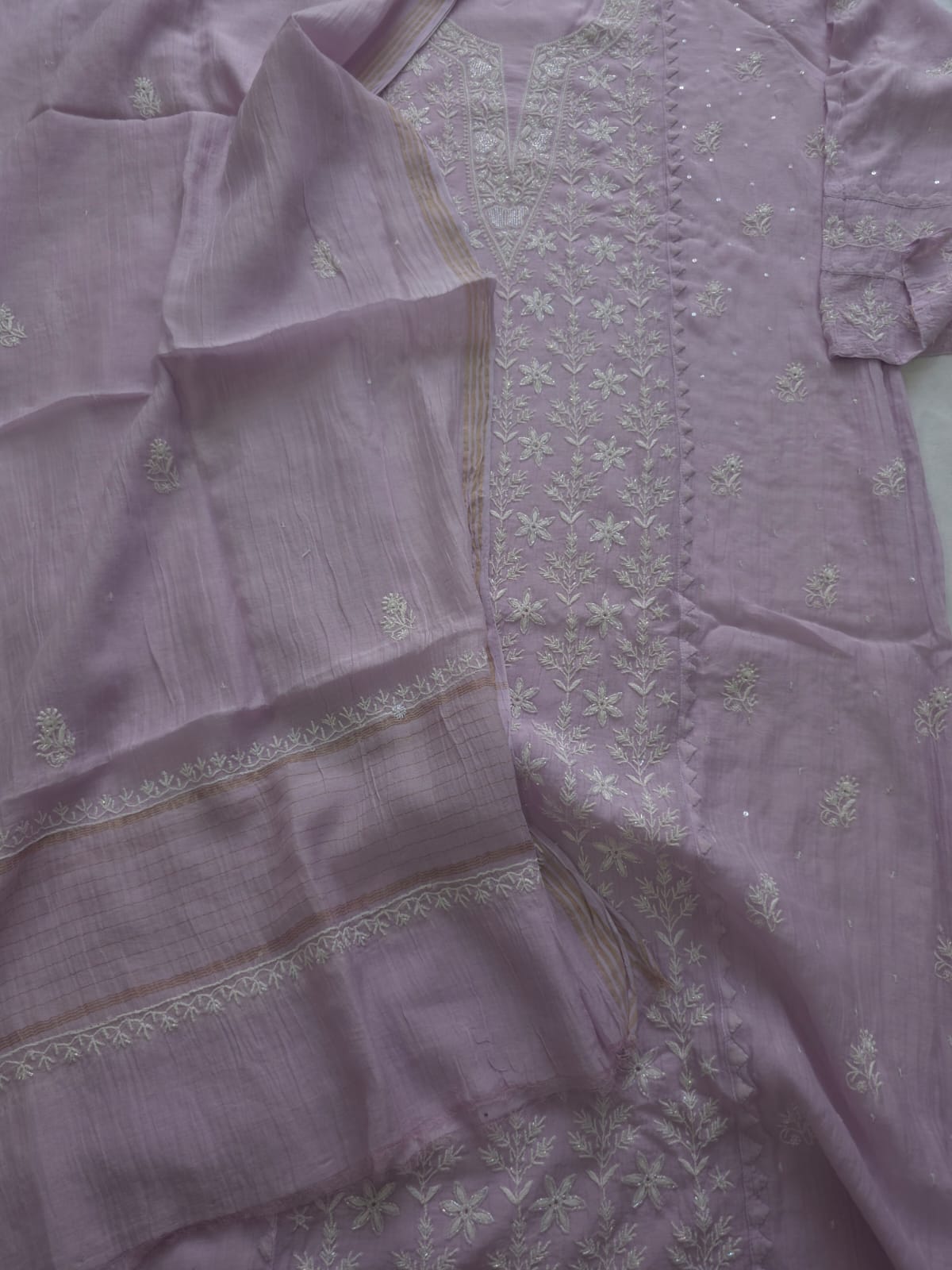 Lavender Mul chanderi semi stitched Kurta dupatta with Embellishments