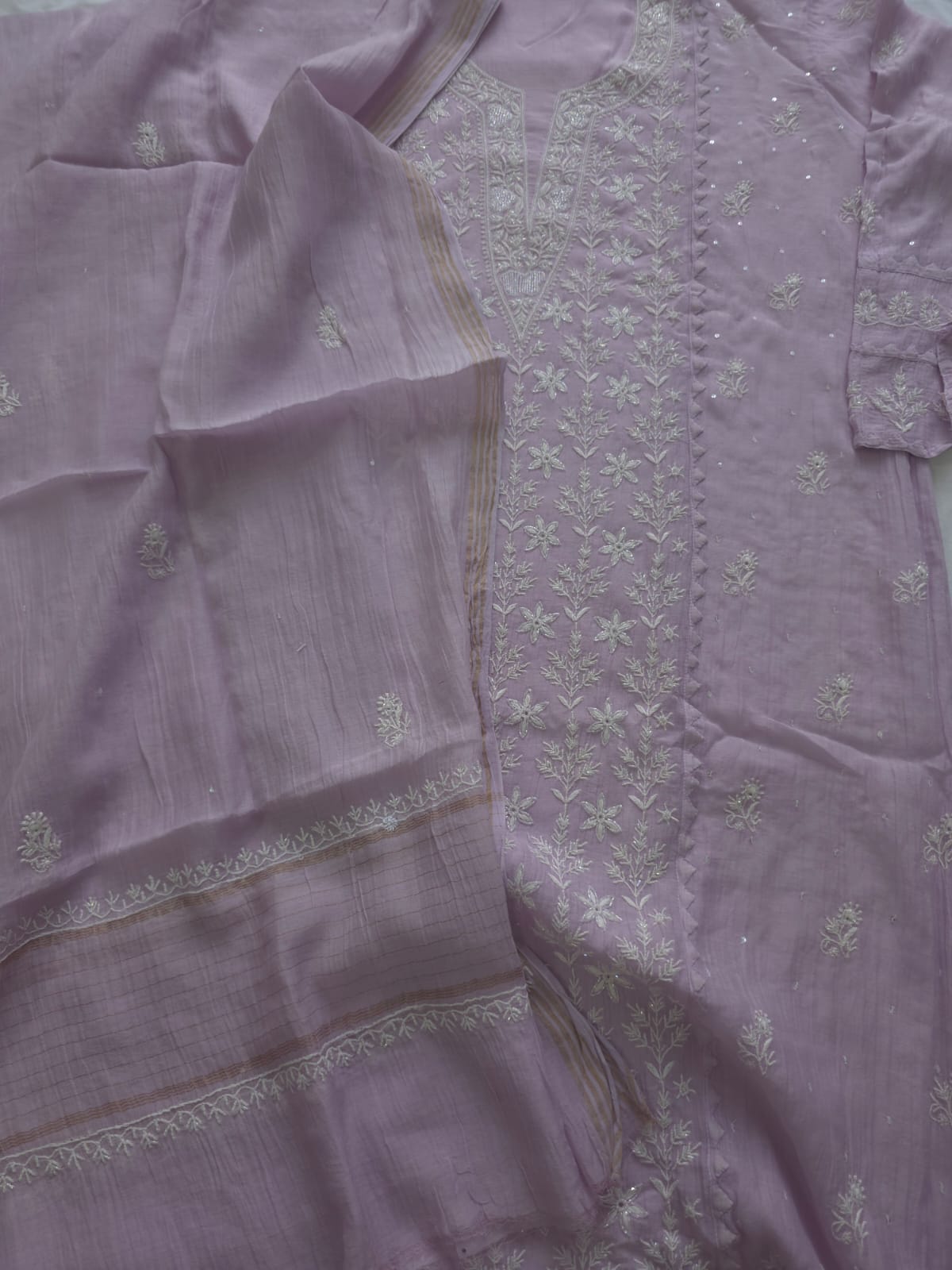 Lavender Mul chanderi semi stitched Kurta dupatta with Embellishments