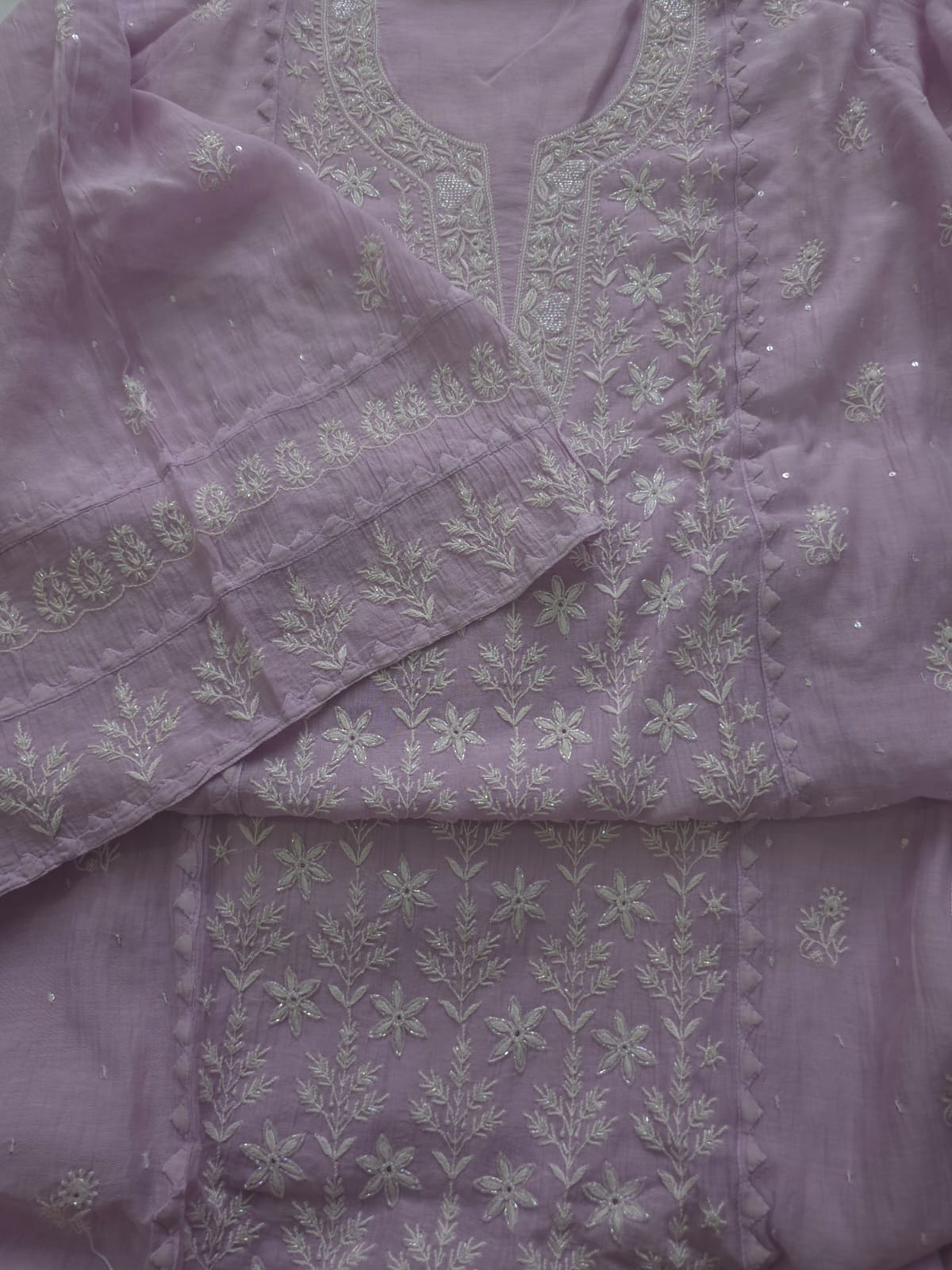 Lavender Mul chanderi semi stitched Kurta dupatta with Embellishments