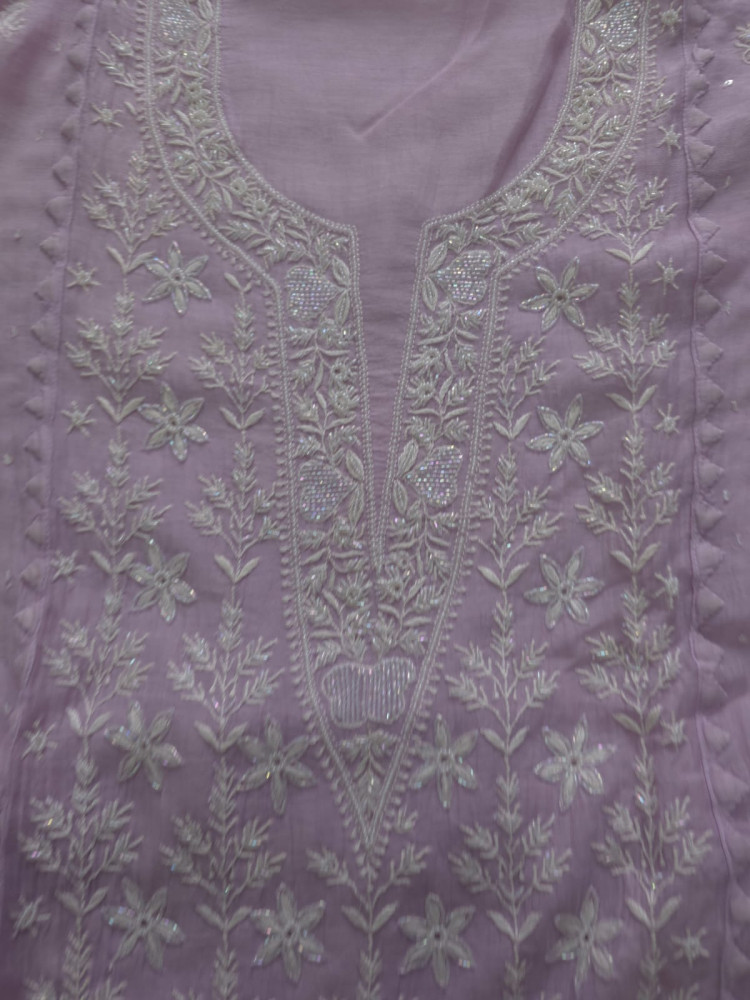 Image of Lavender Mul chnaderi semi stitched Kurta dupatta with Embellishments