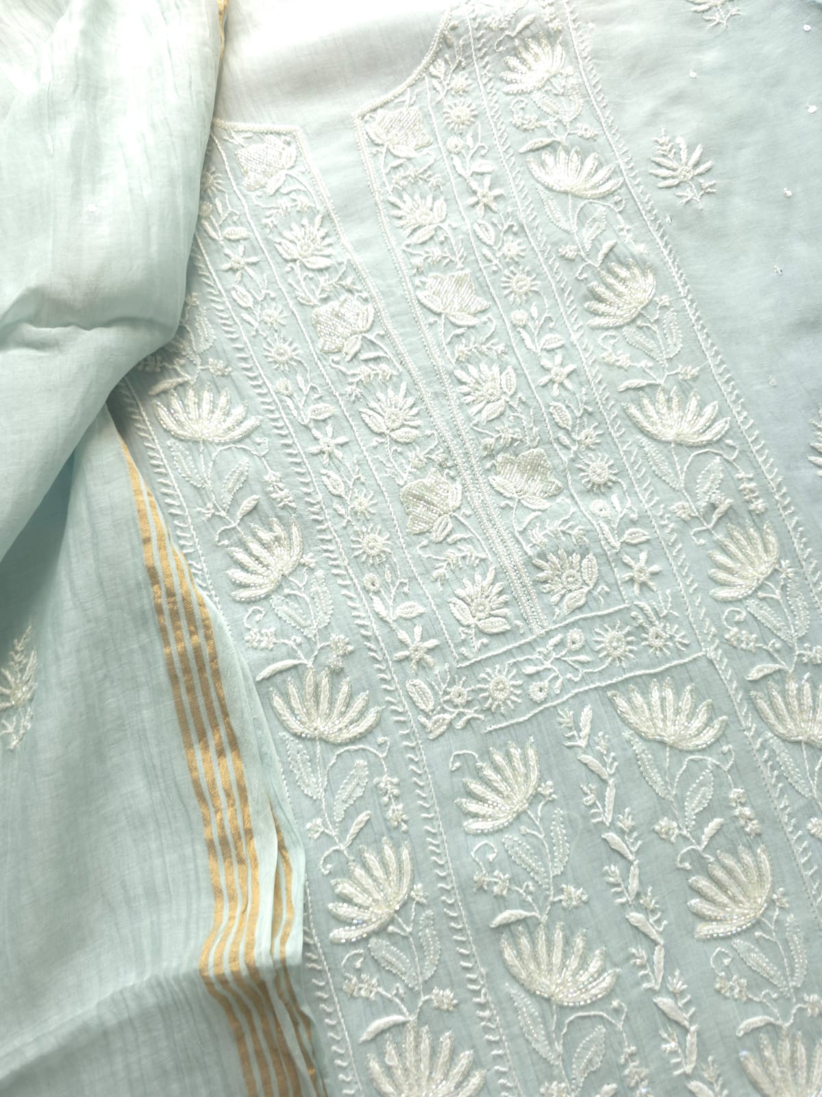 Powder Blue Semistitched Kurta and Dupatta with Fine Chikankari and embellishments