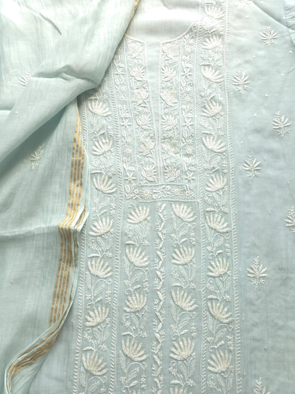 Powder Blue Semistitched Kurta and Dupatta with Fine Chikankari and embellishments