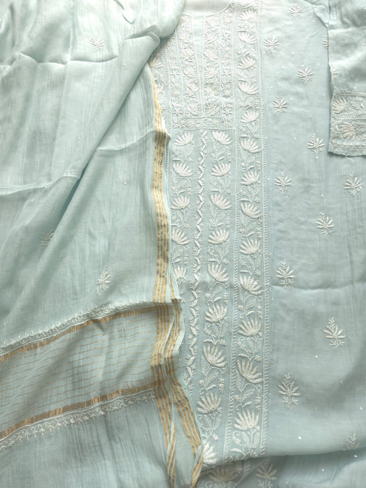 Powder Blue Semistitched Kurta and Dupatta with Fine Chikankari and embellishments