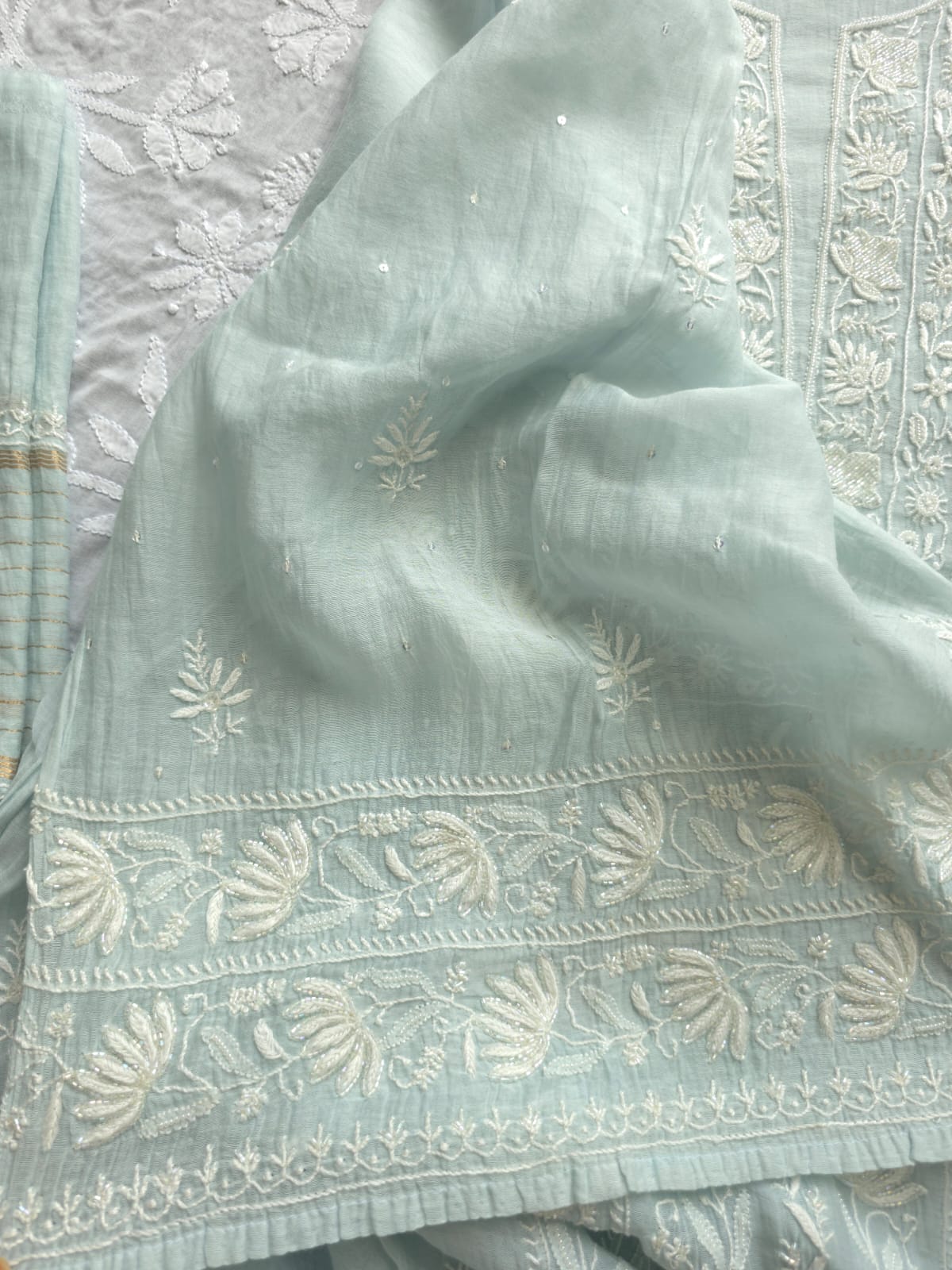 Powder Blue Semistitched Kurta and Dupatta with Fine Chikankari and embellishments