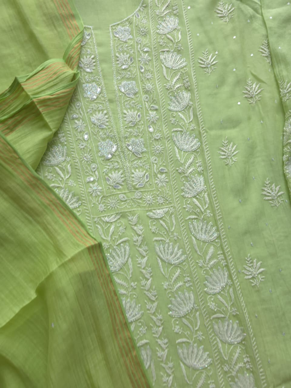 Green Semi stitched Mul chanderi Kurta and Dupatta set