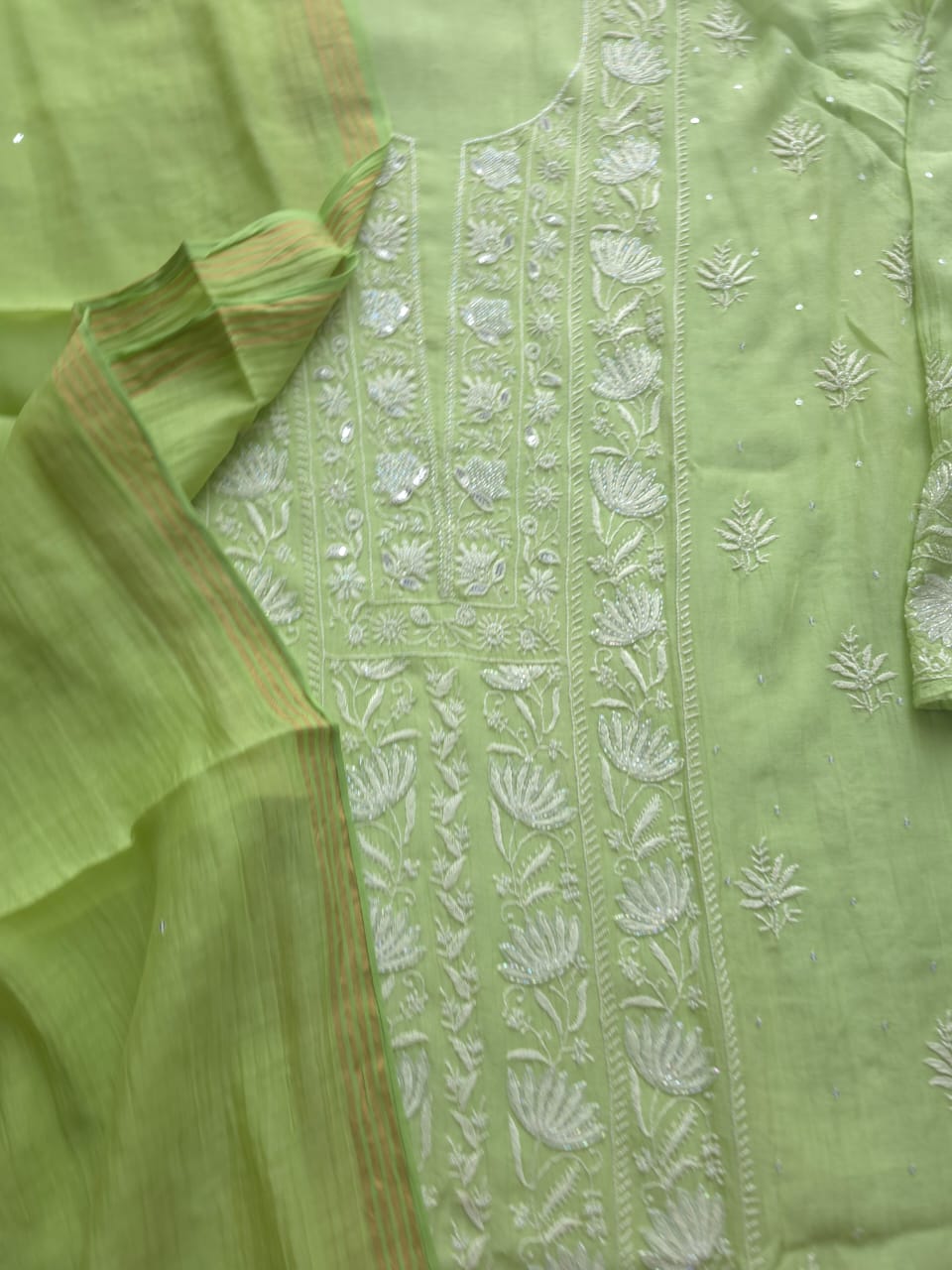 Green Semi stitched Mul chanderi Kurta and Dupatta set