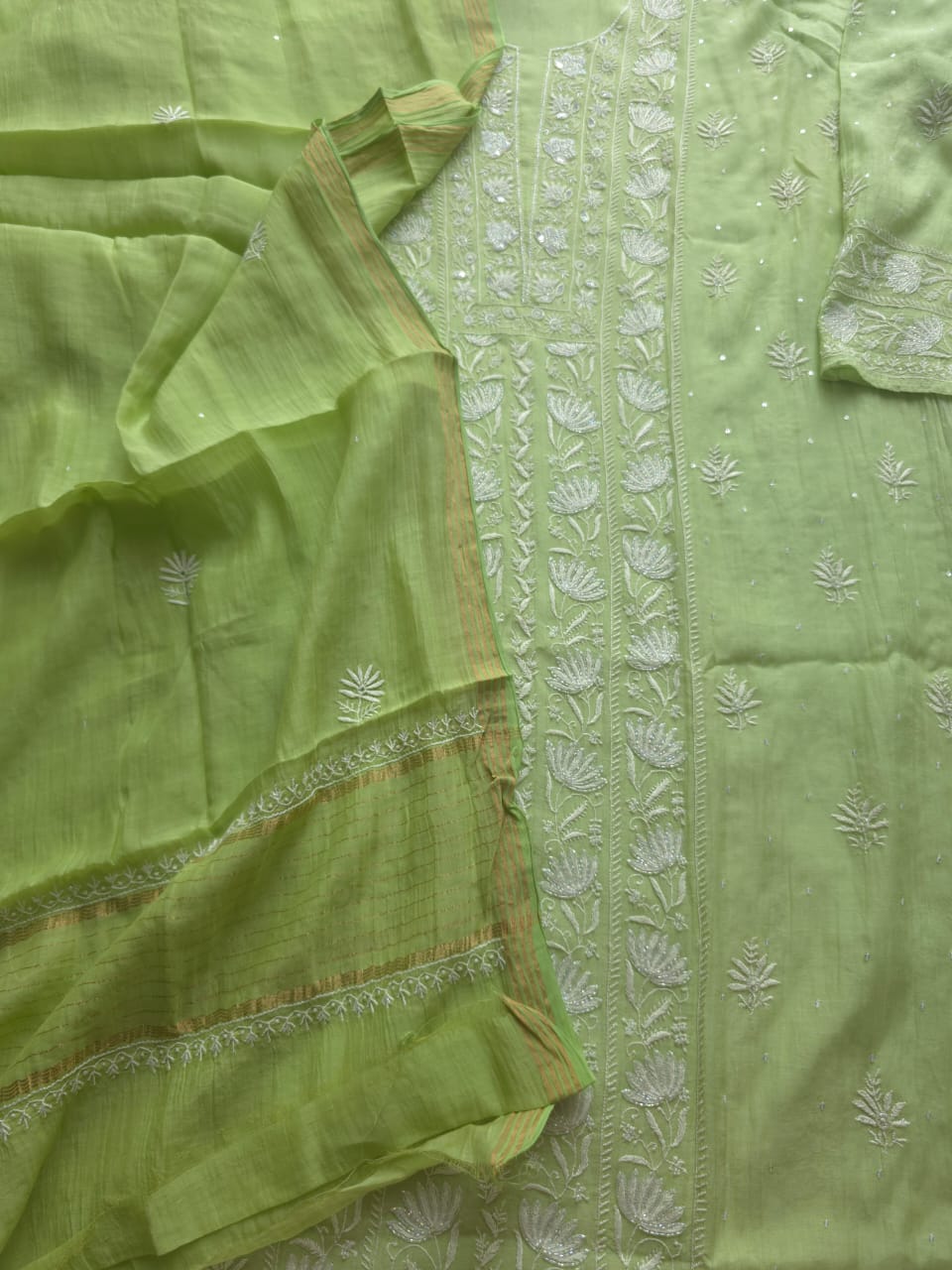 Green Semi stitched Mul chanderi Kurta and Dupatta set