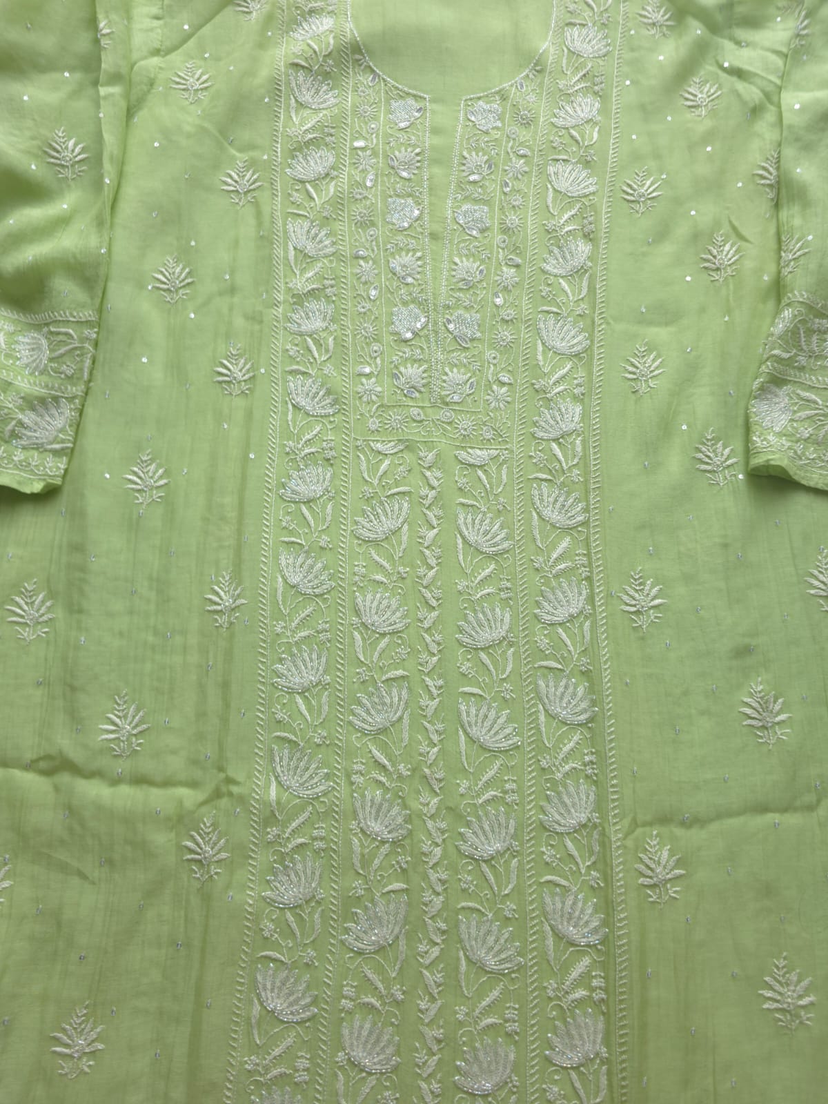 Green Semi stitched Mul chanderi Kurta and Dupatta set