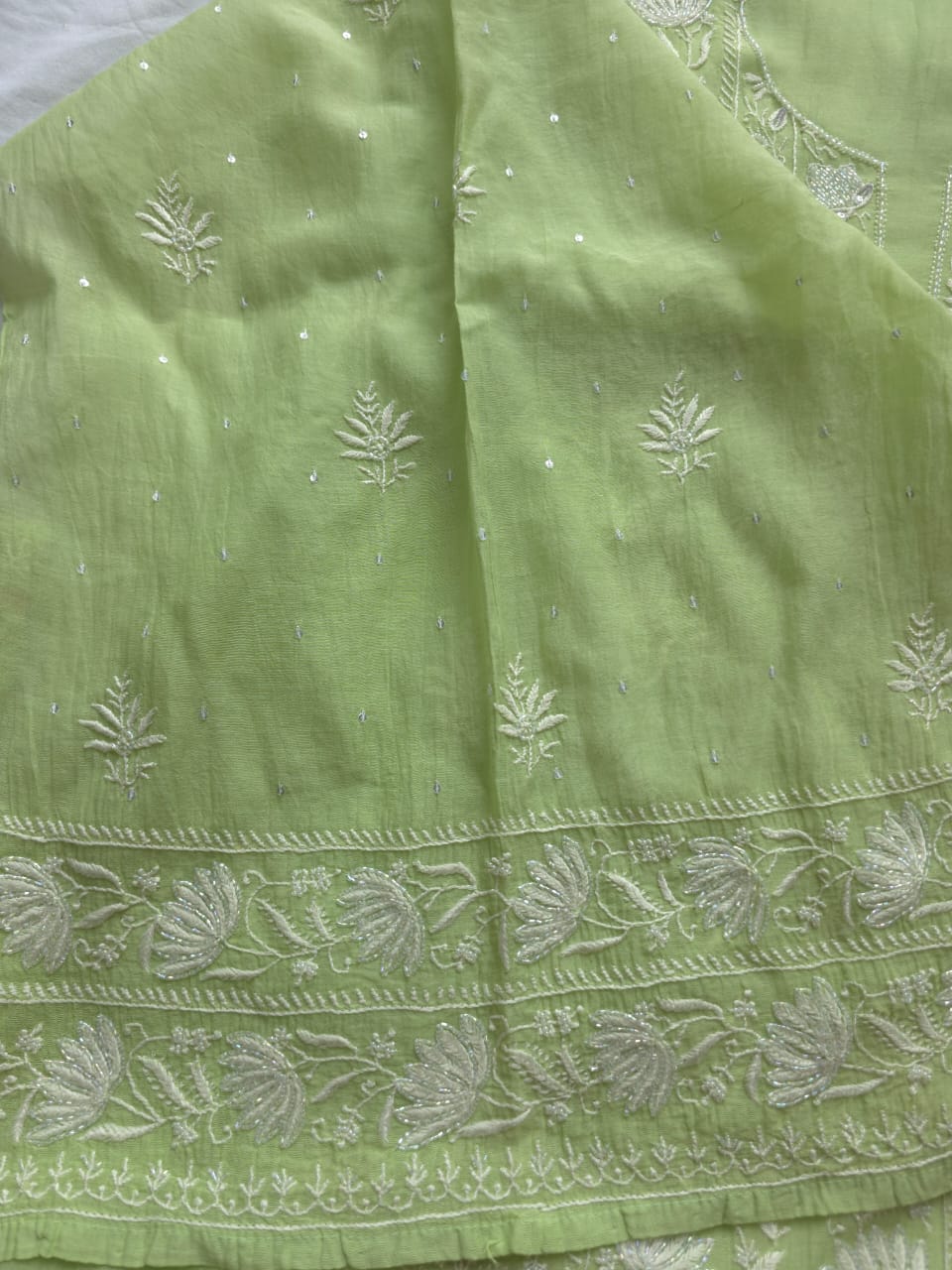 Green Semi stitched Mul chanderi Kurta and Dupatta set