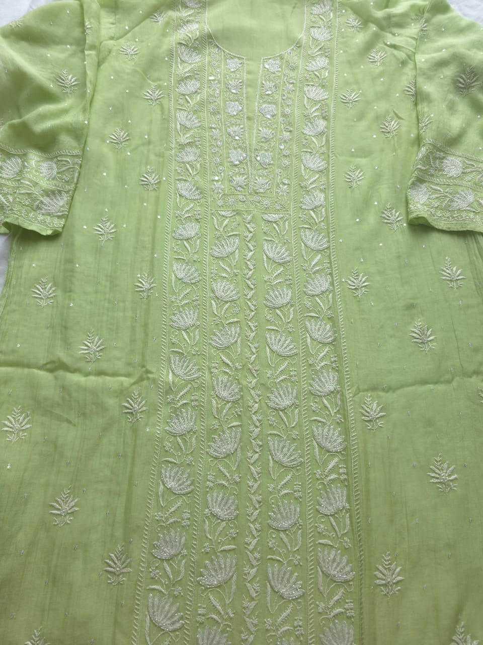 Green Semi stitched Mul chanderi Kurta and Dupatta set