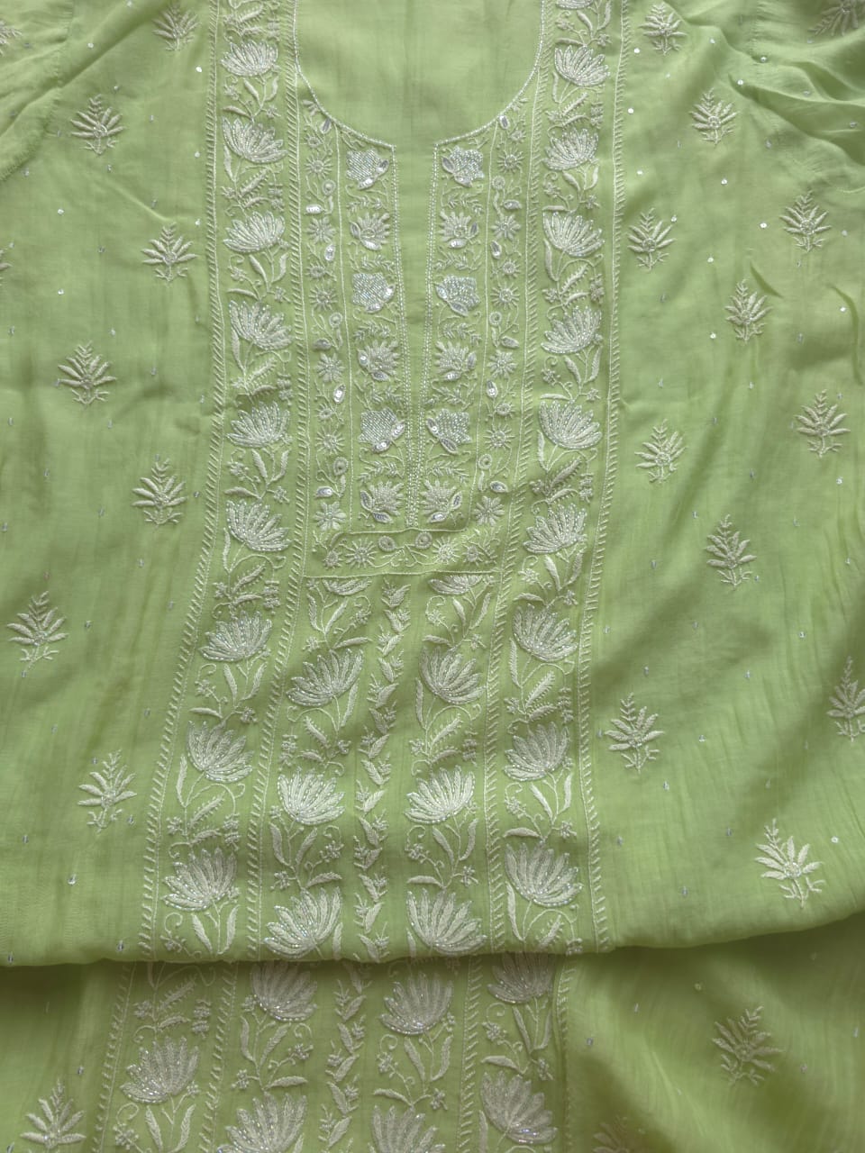 Green Semi stitched Mul chanderi Kurta and Dupatta set