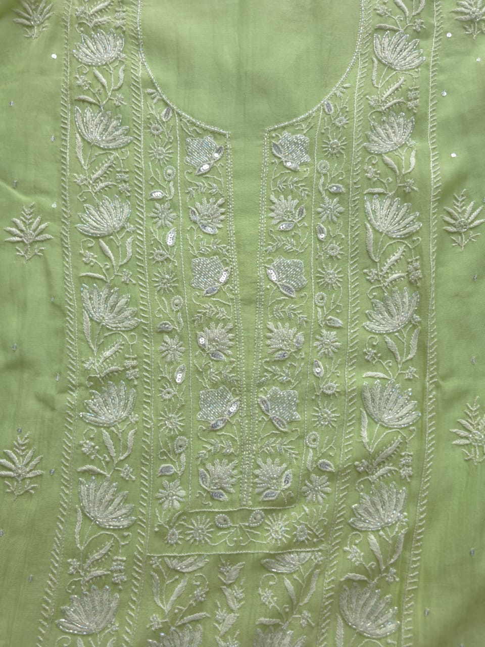 Green Semi stitched Mul chanderi Kurta and Dupatta set