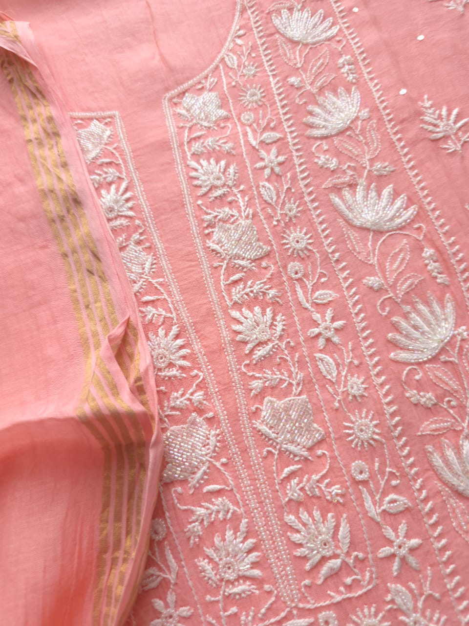 Peachish Pink Semi stitched Kurta dupatta set with chikankari and Embellishments