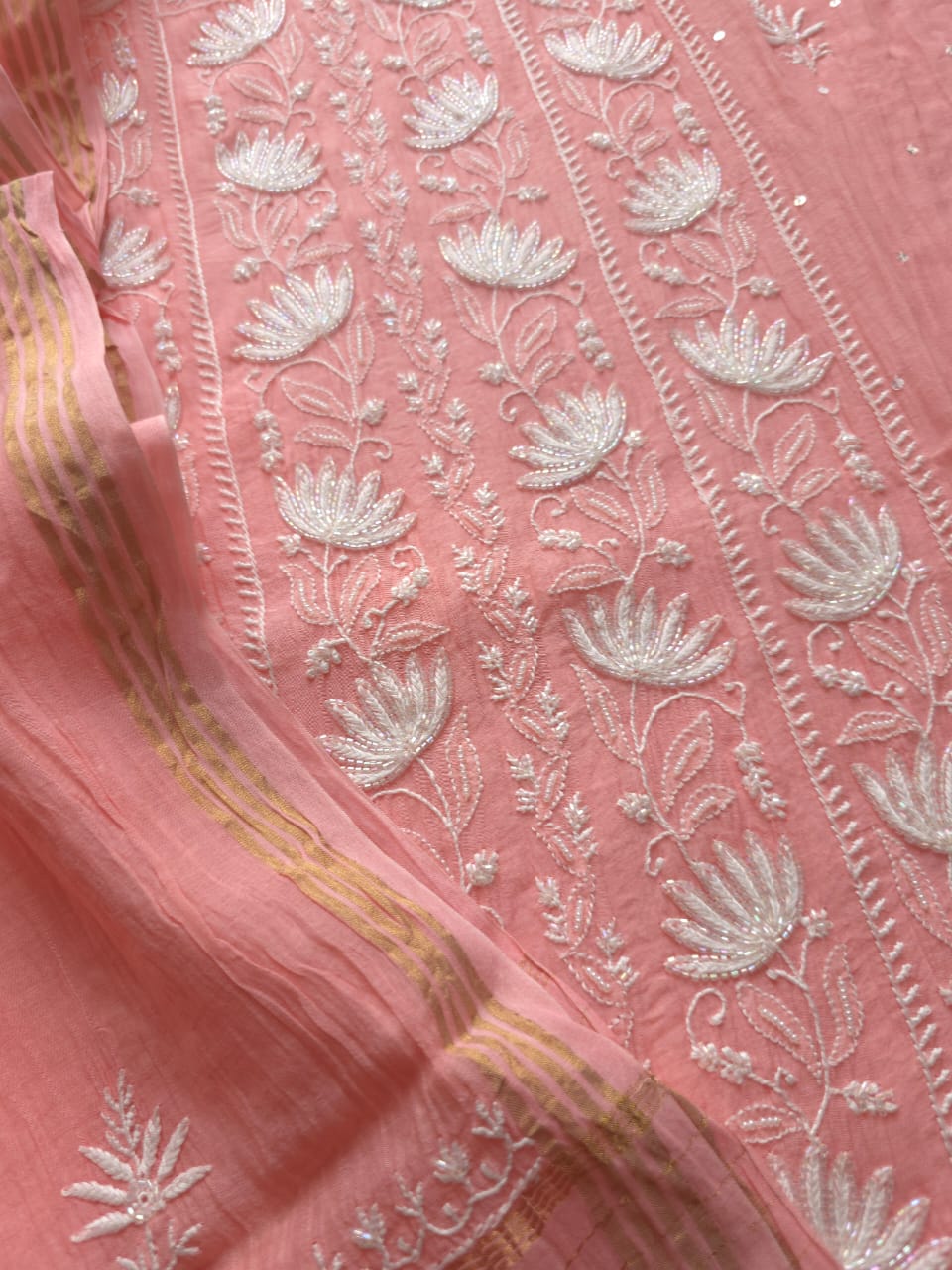 Peachish Pink Semi stitched Kurta dupatta set with chikankari and Embellishments