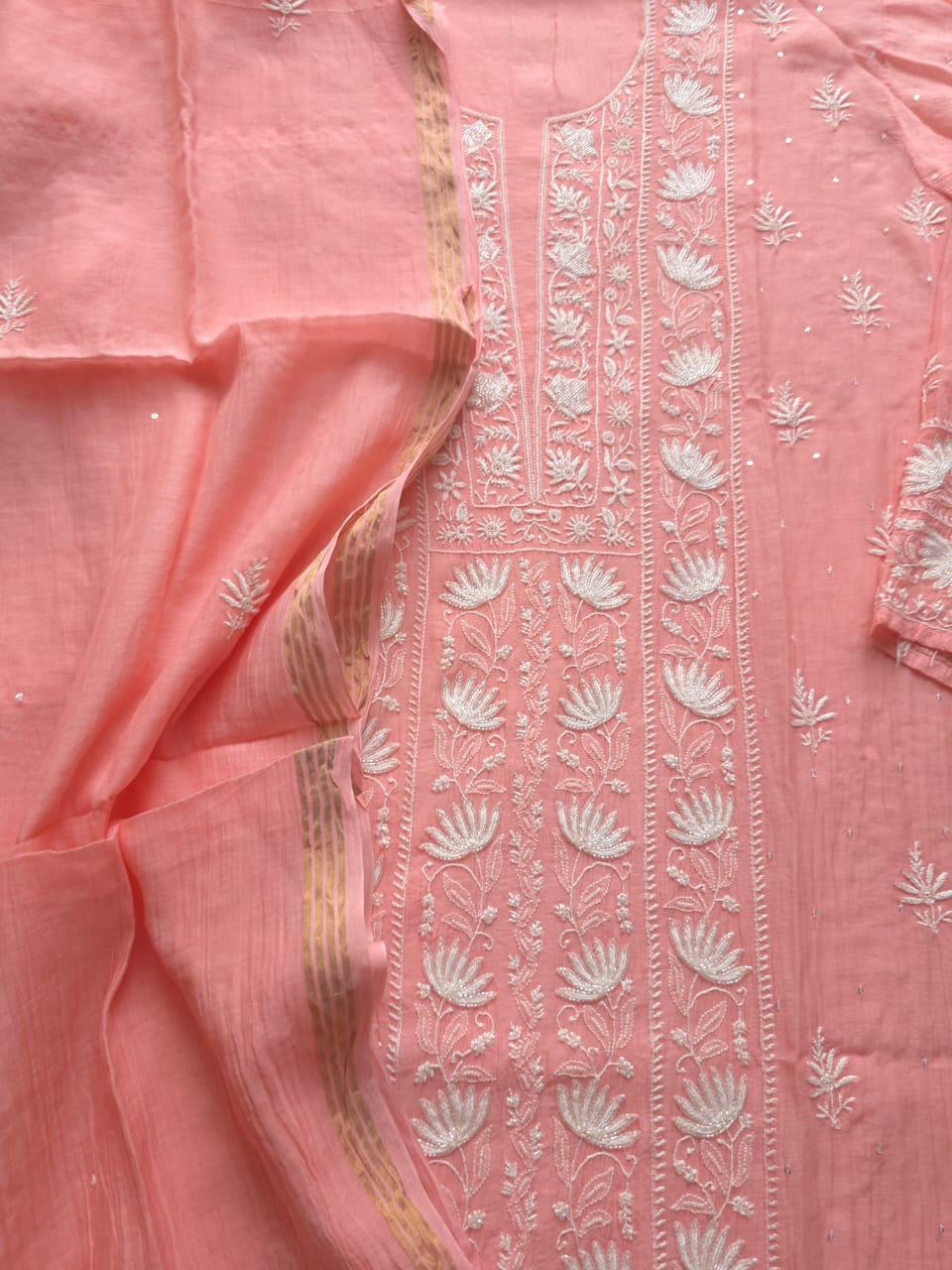 Peachish Pink Semi stitched Kurta dupatta set with chikankari and Embellishments