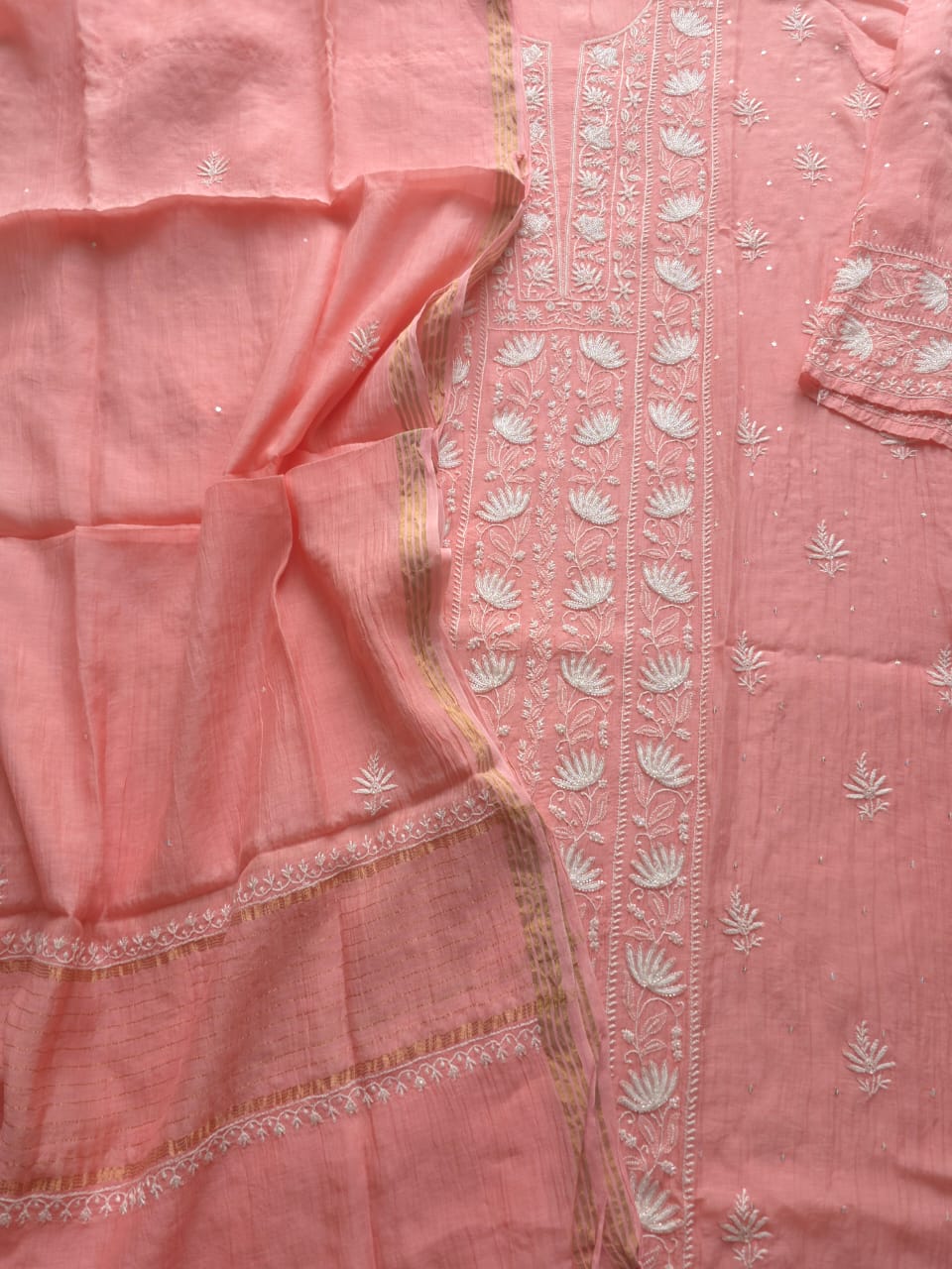 Peachish Pink Semi stitched Kurta dupatta set with chikankari and Embellishments