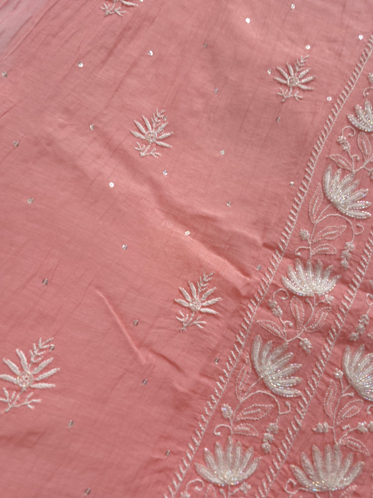 Peachish Pink Semi stitched Kurta dupatta set with chikankari and Embellishments