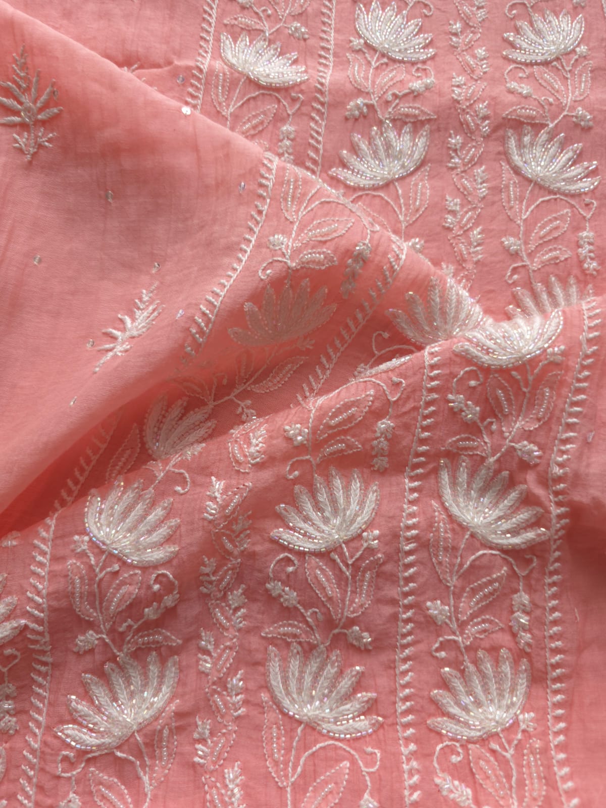 Peachish Pink Semi stitched Kurta dupatta set with chikankari and Embellishments