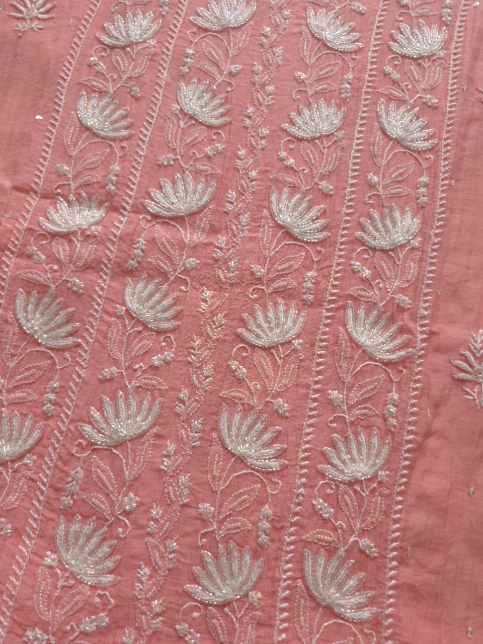 Peachish Pink Semi stitched Kurta dupatta set with chikankari and Embellishments